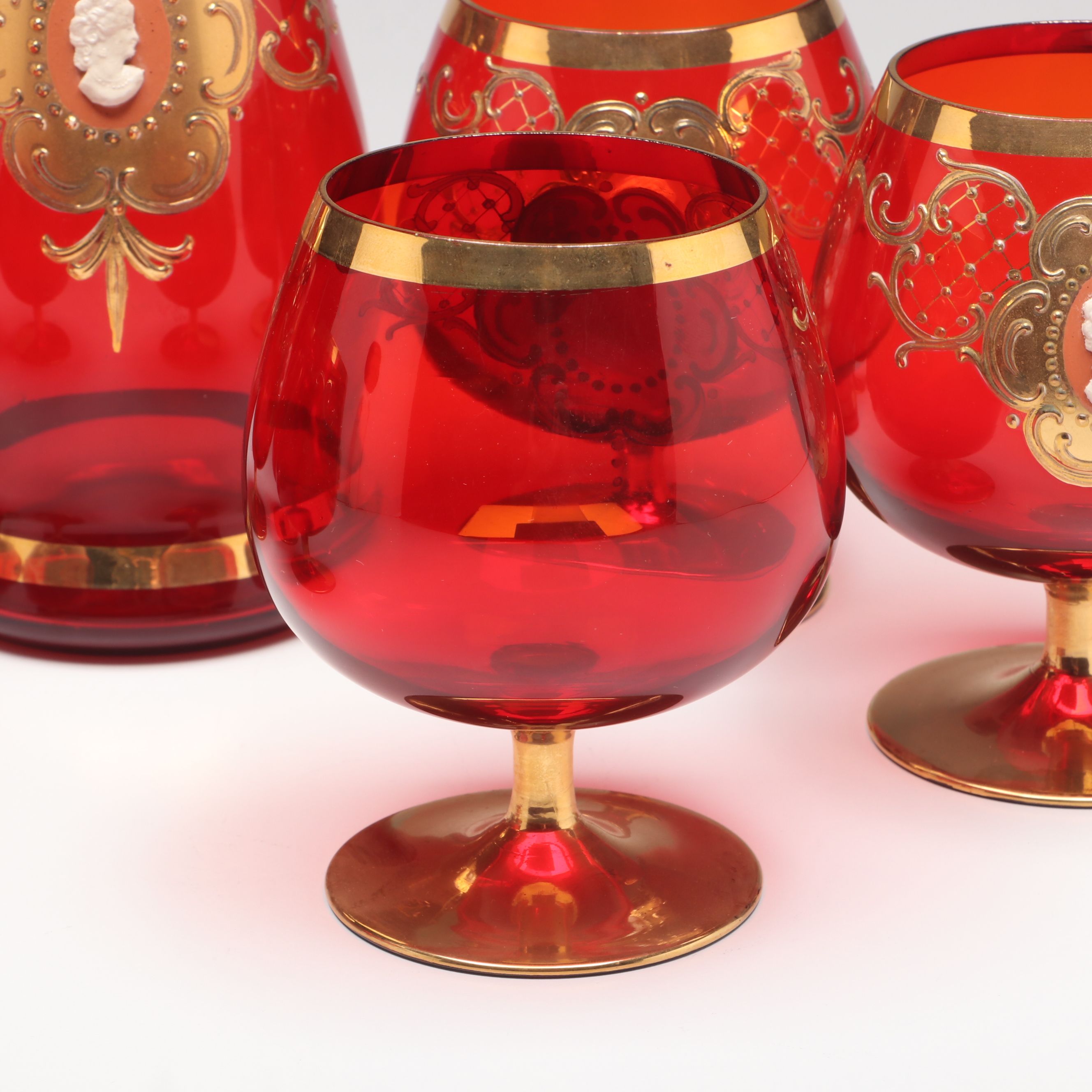 Gilt Decorated Ruby Glass Brandy Glasses and Decanter