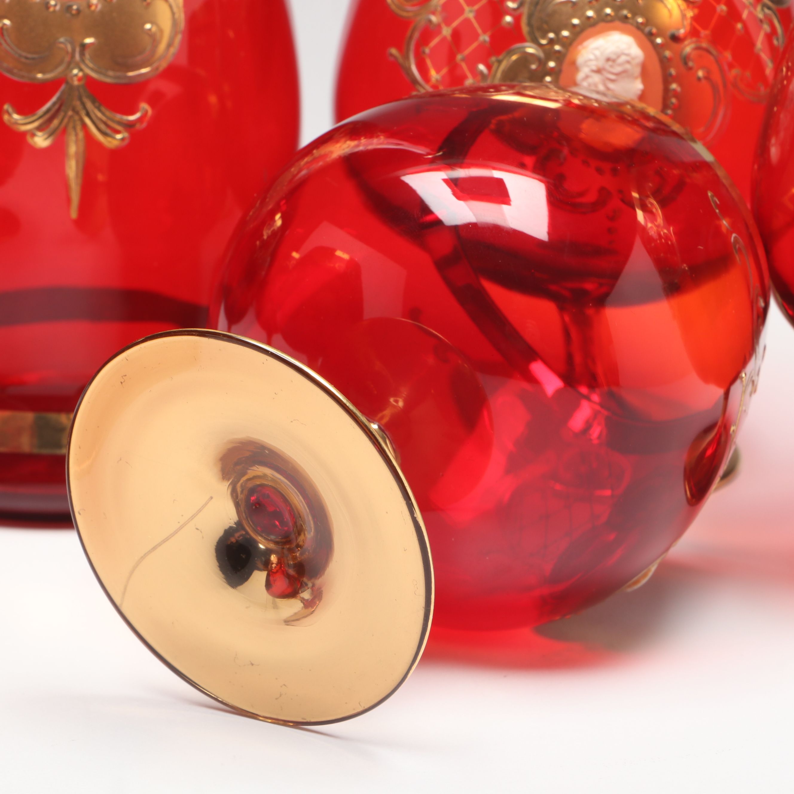 Gilt Decorated Ruby Glass Brandy Glasses and Decanter