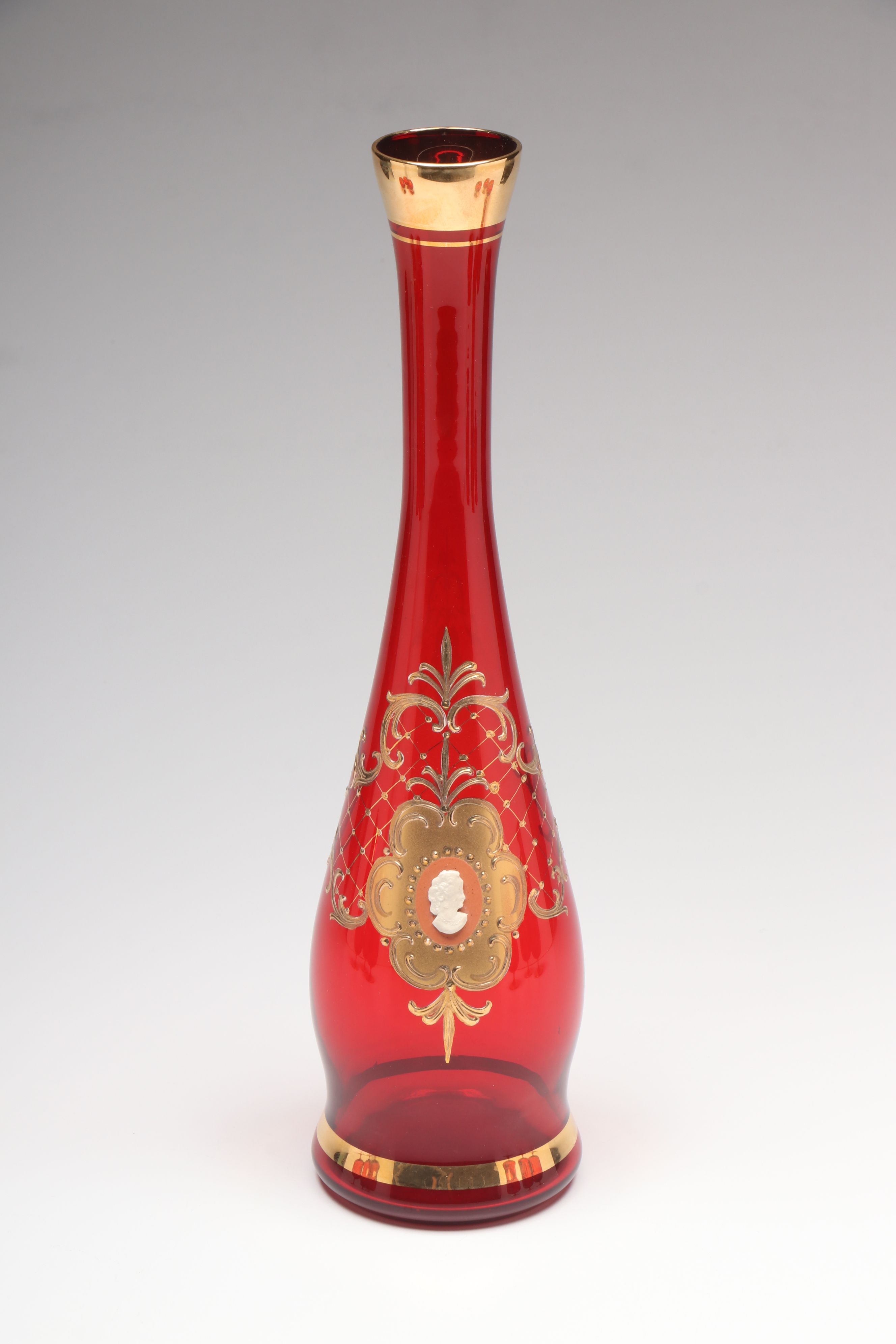 Gilt Decorated Ruby Glass Brandy Glasses and Decanter