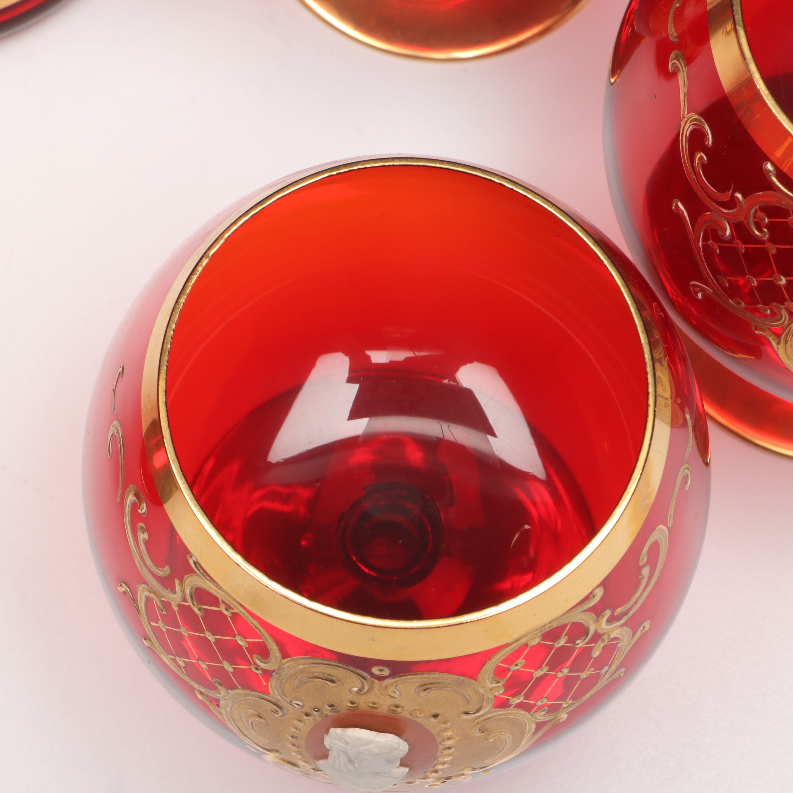 Gilt Decorated Ruby Glass Brandy Glasses and Decanter