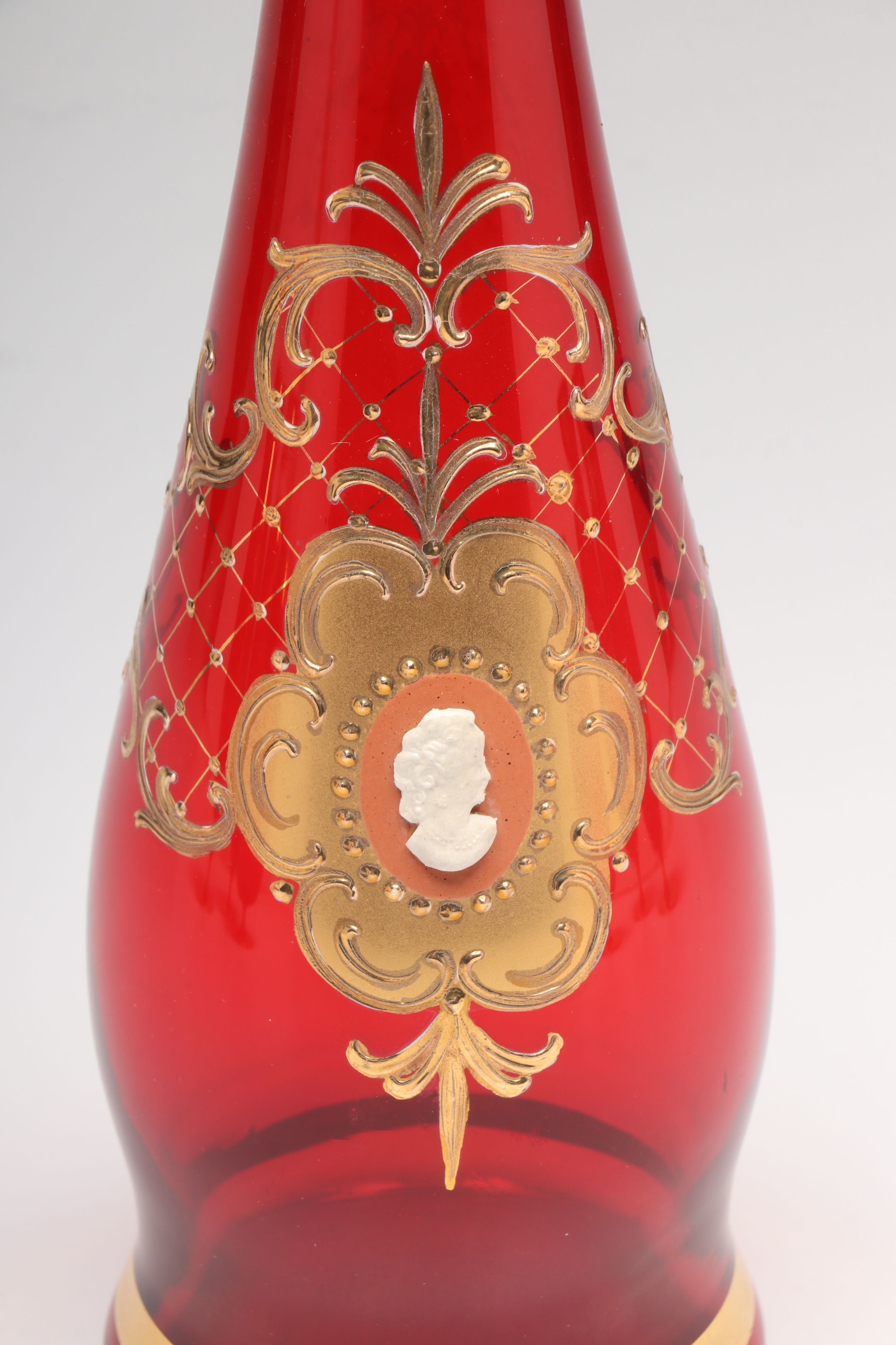 Gilt Decorated Ruby Glass Brandy Glasses and Decanter