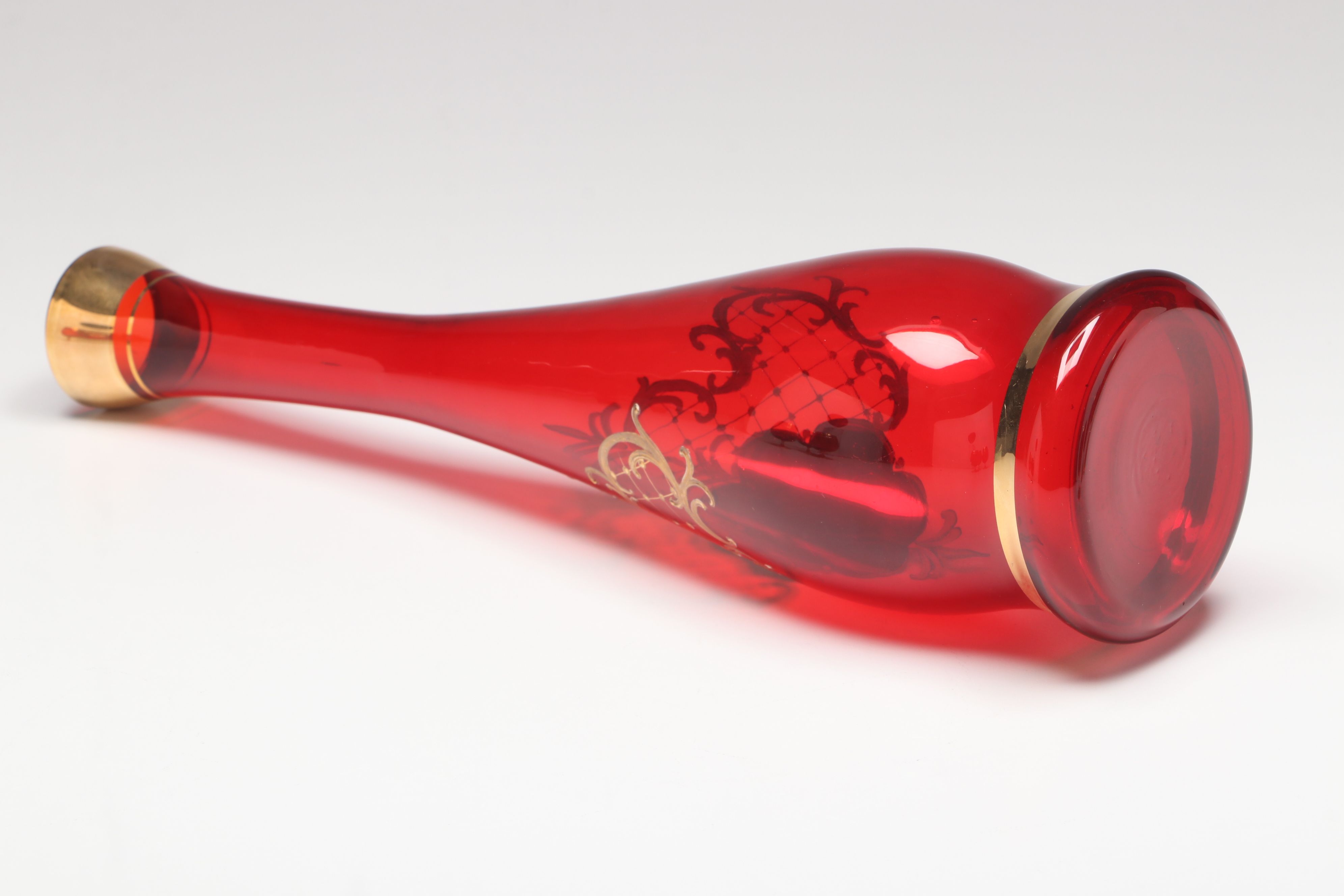 Gilt Decorated Ruby Glass Brandy Glasses and Decanter