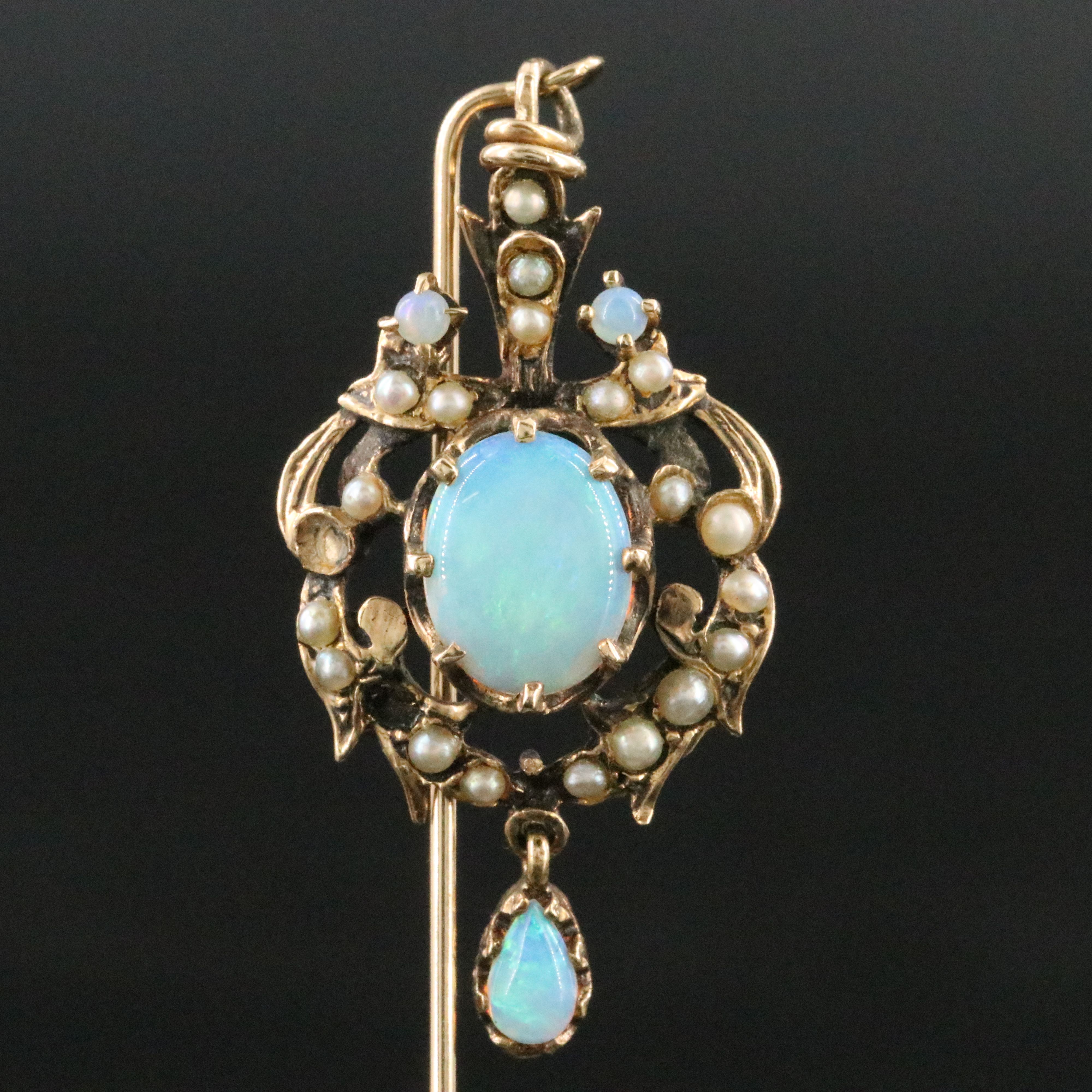 Art Nouveau 14K Opal and Seed Pearl Stickpin