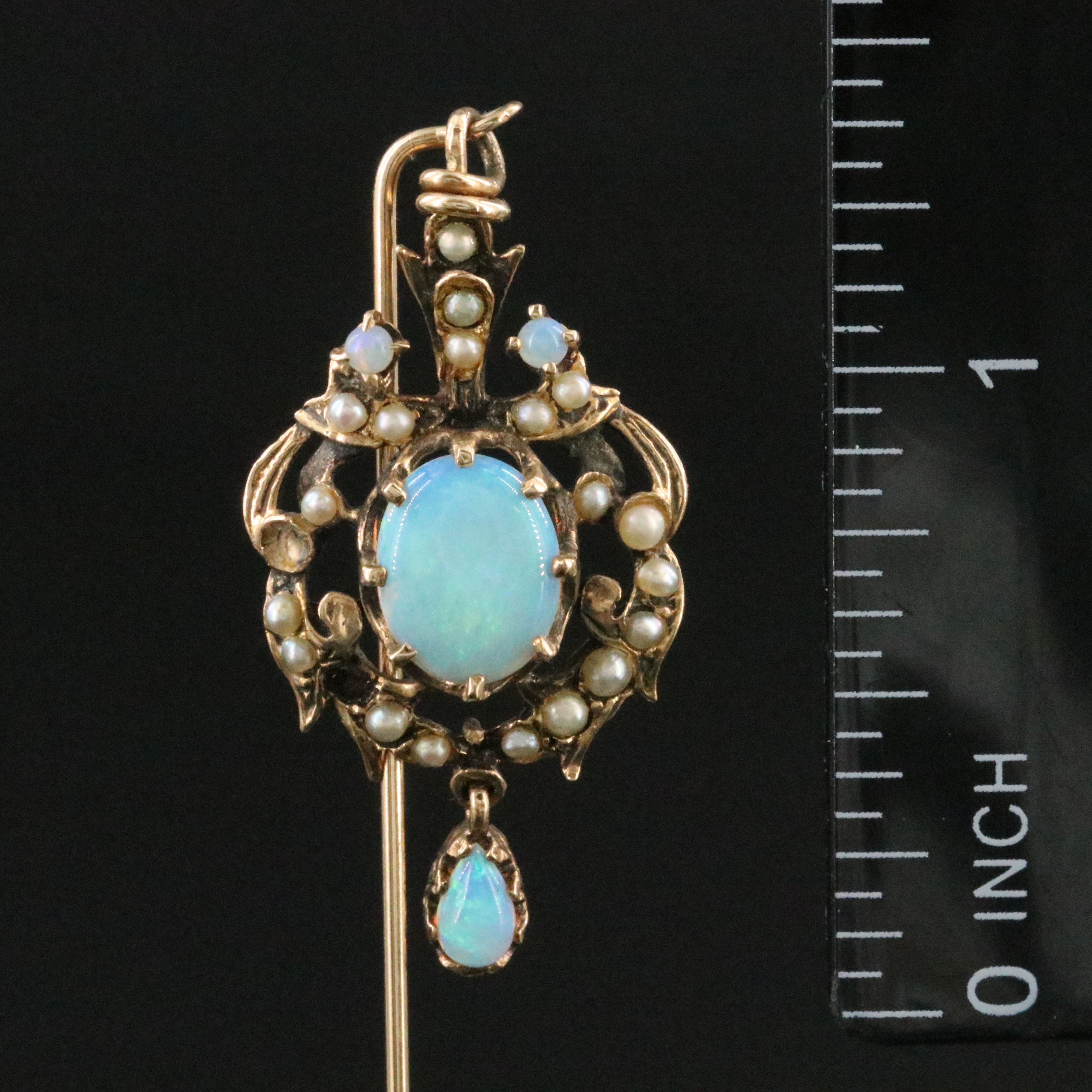Art Nouveau 14K Opal and Seed Pearl Stickpin