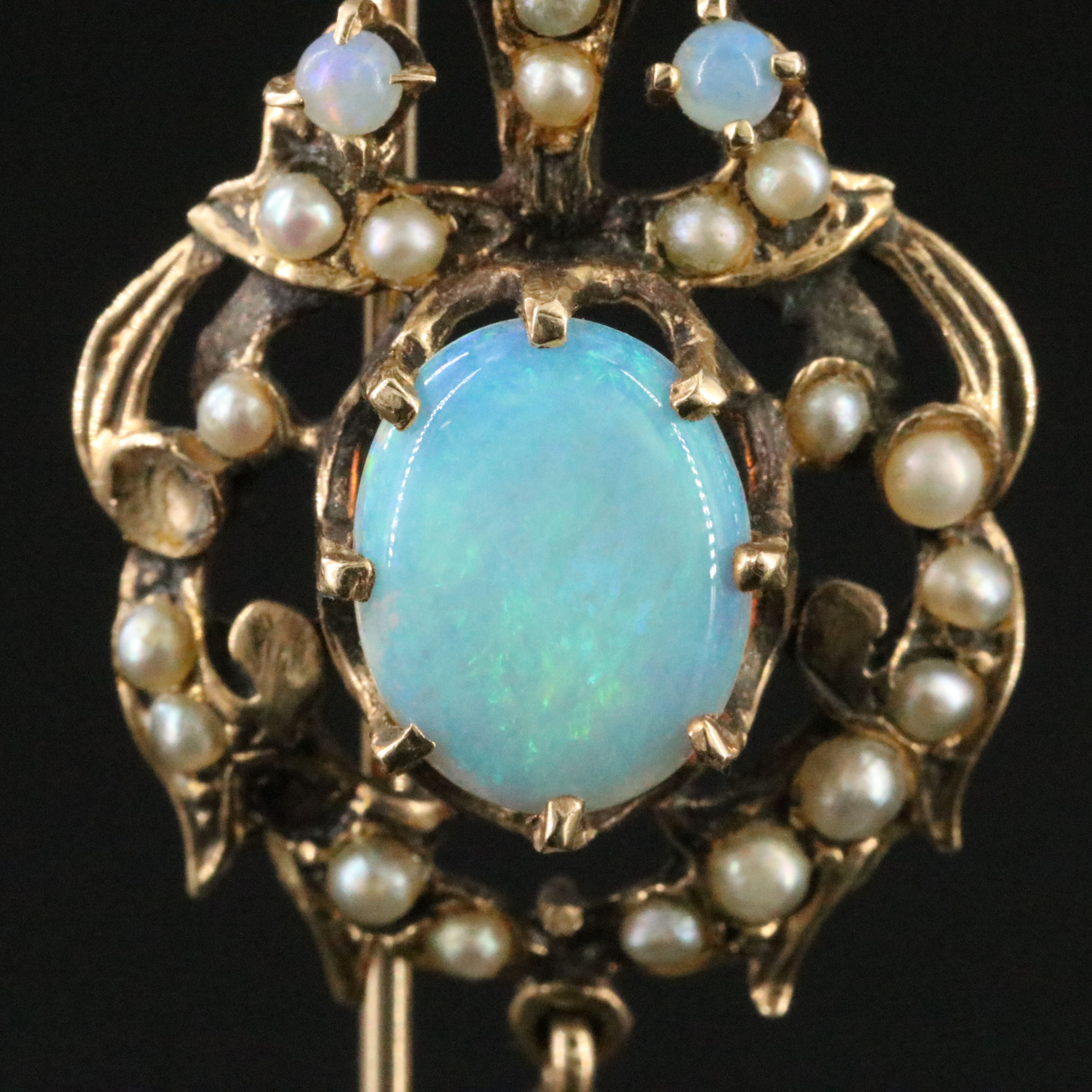 Art Nouveau 14K Opal and Seed Pearl Stickpin