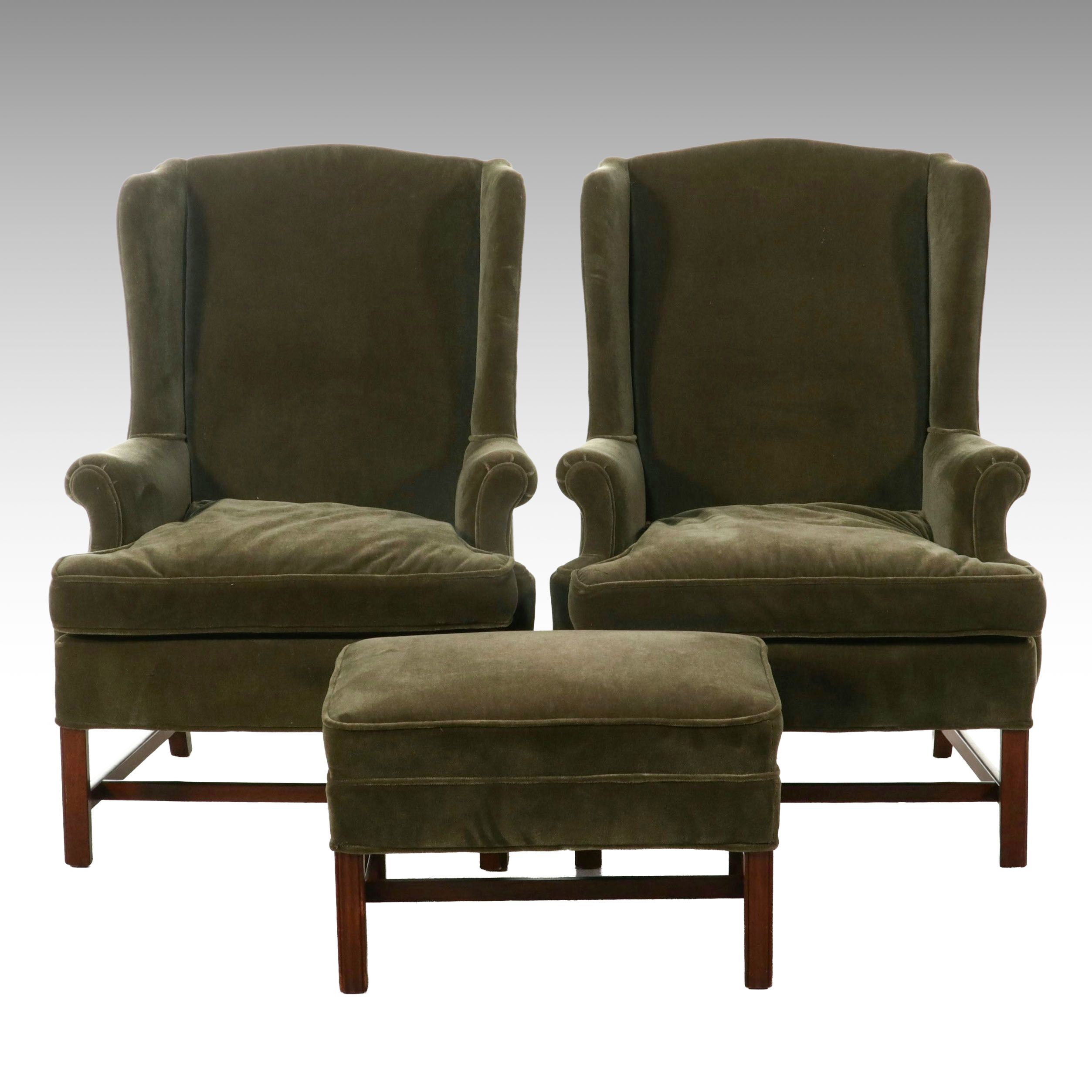 Pair of Chippendale Style Green Velvet Upholstered Wingback Armchair and Ottoman