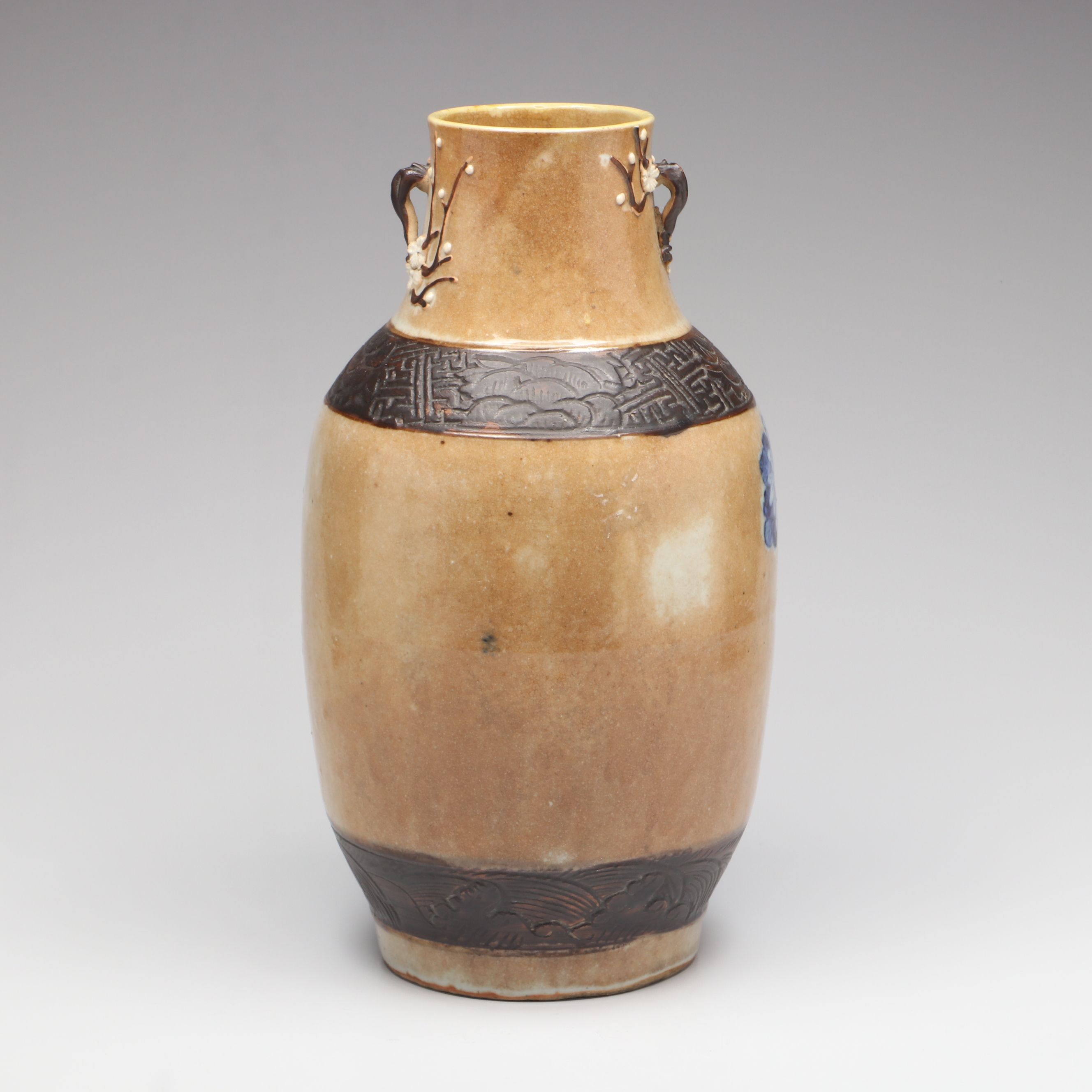 Chinese Blue and Brown Glazed Ceramic Vase with Bird Motifs