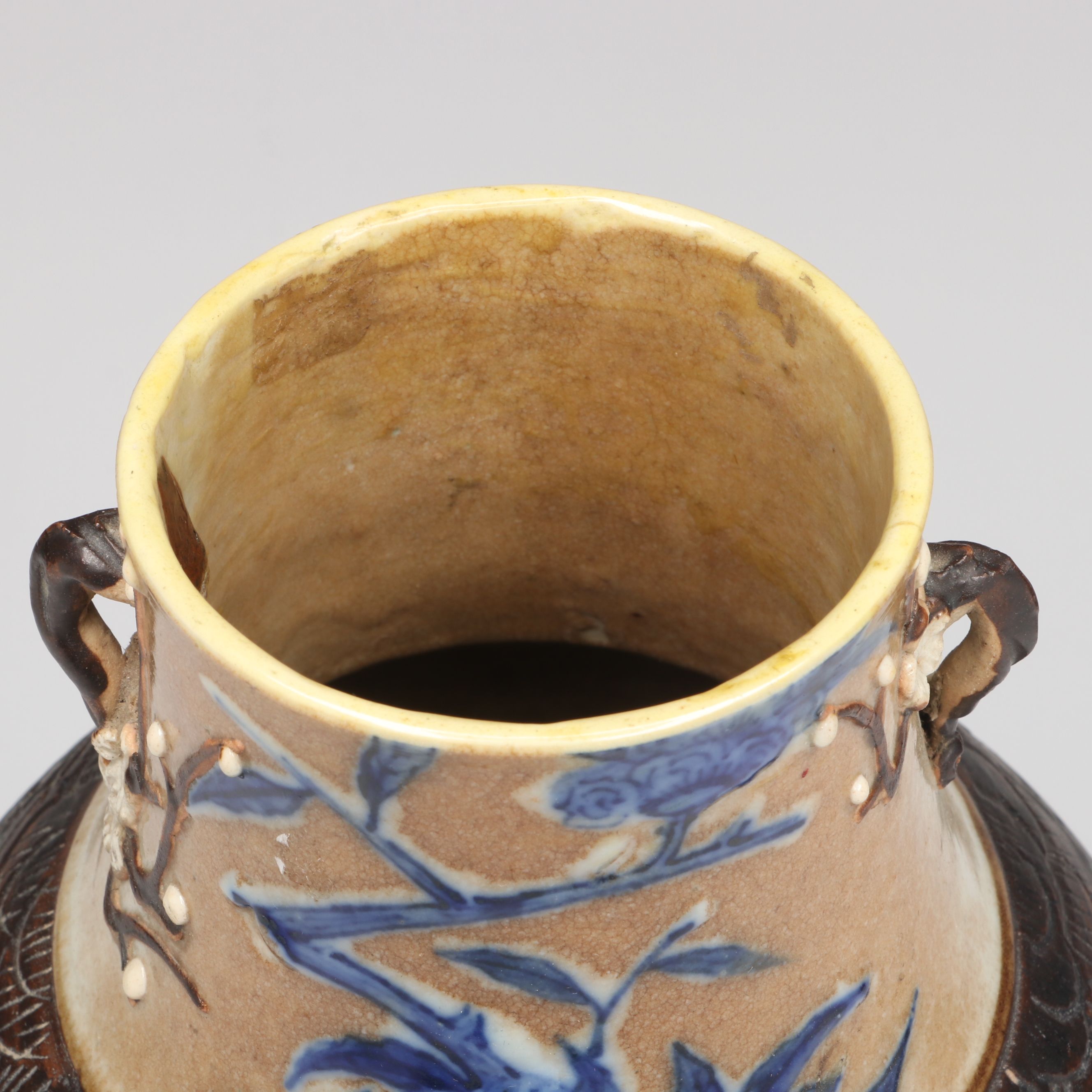 Chinese Blue and Brown Glazed Ceramic Vase with Bird Motifs