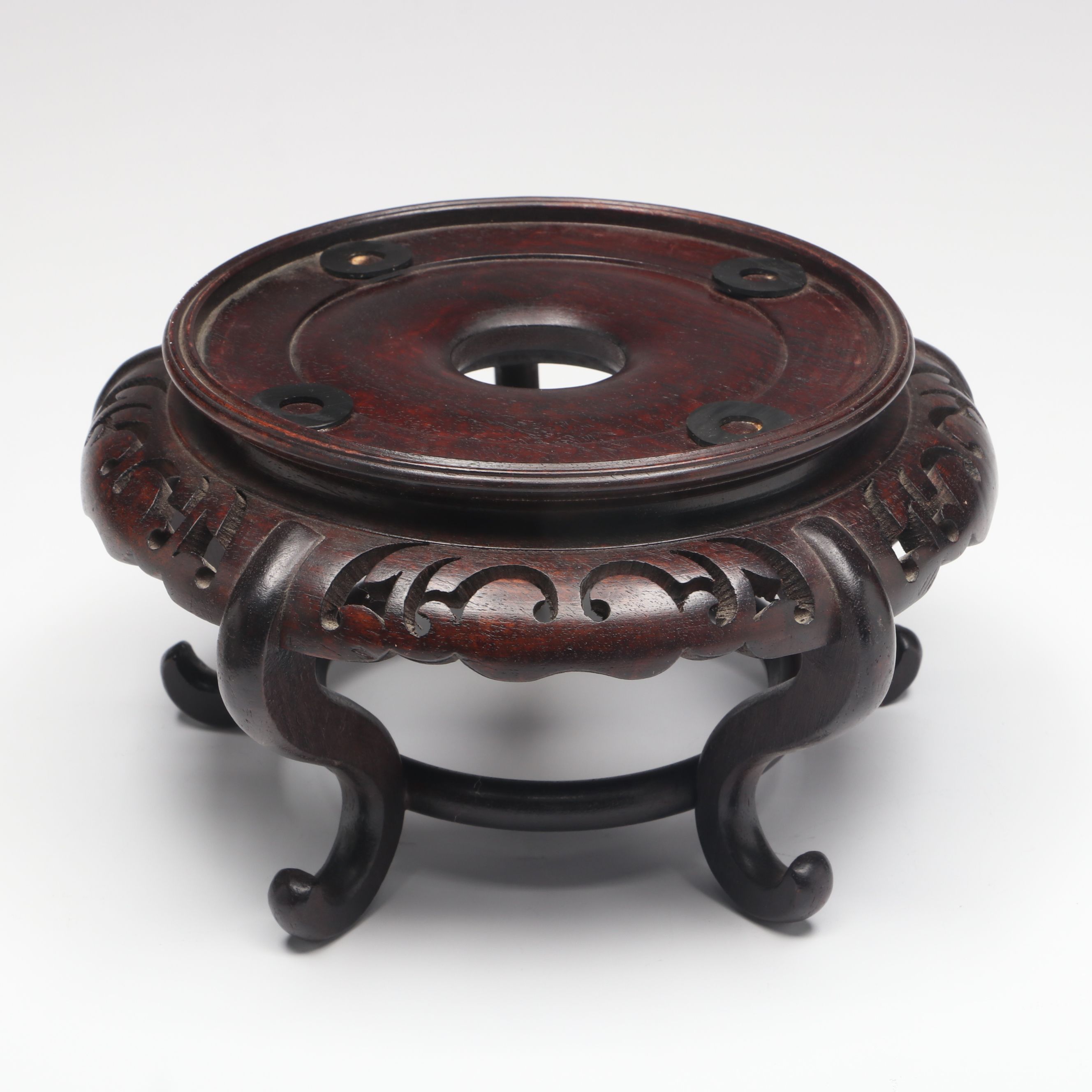 Gilt Decorated Porcelain Decorative Bowl with Carved Wood Stand