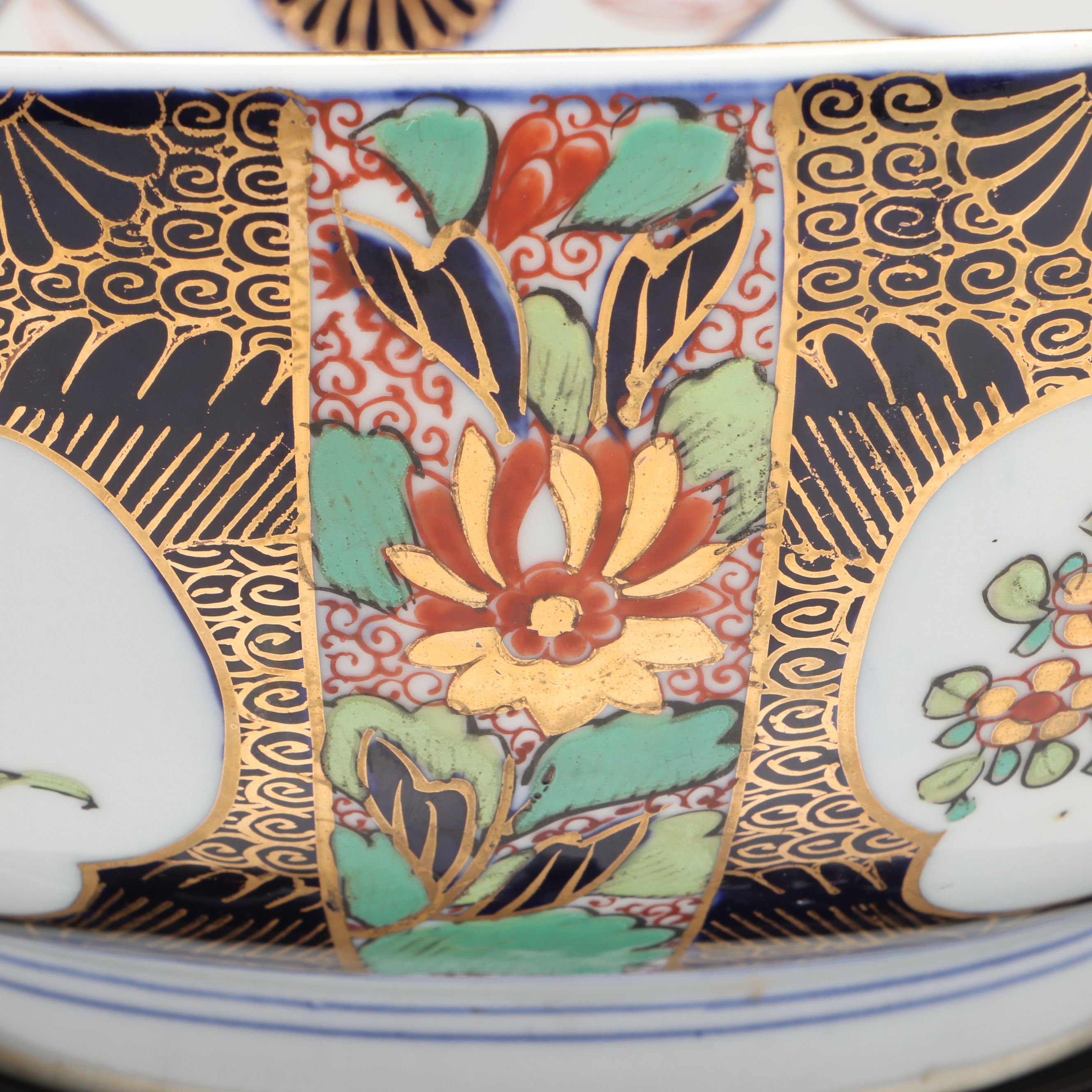 Gilt Decorated Porcelain Decorative Bowl with Carved Wood Stand