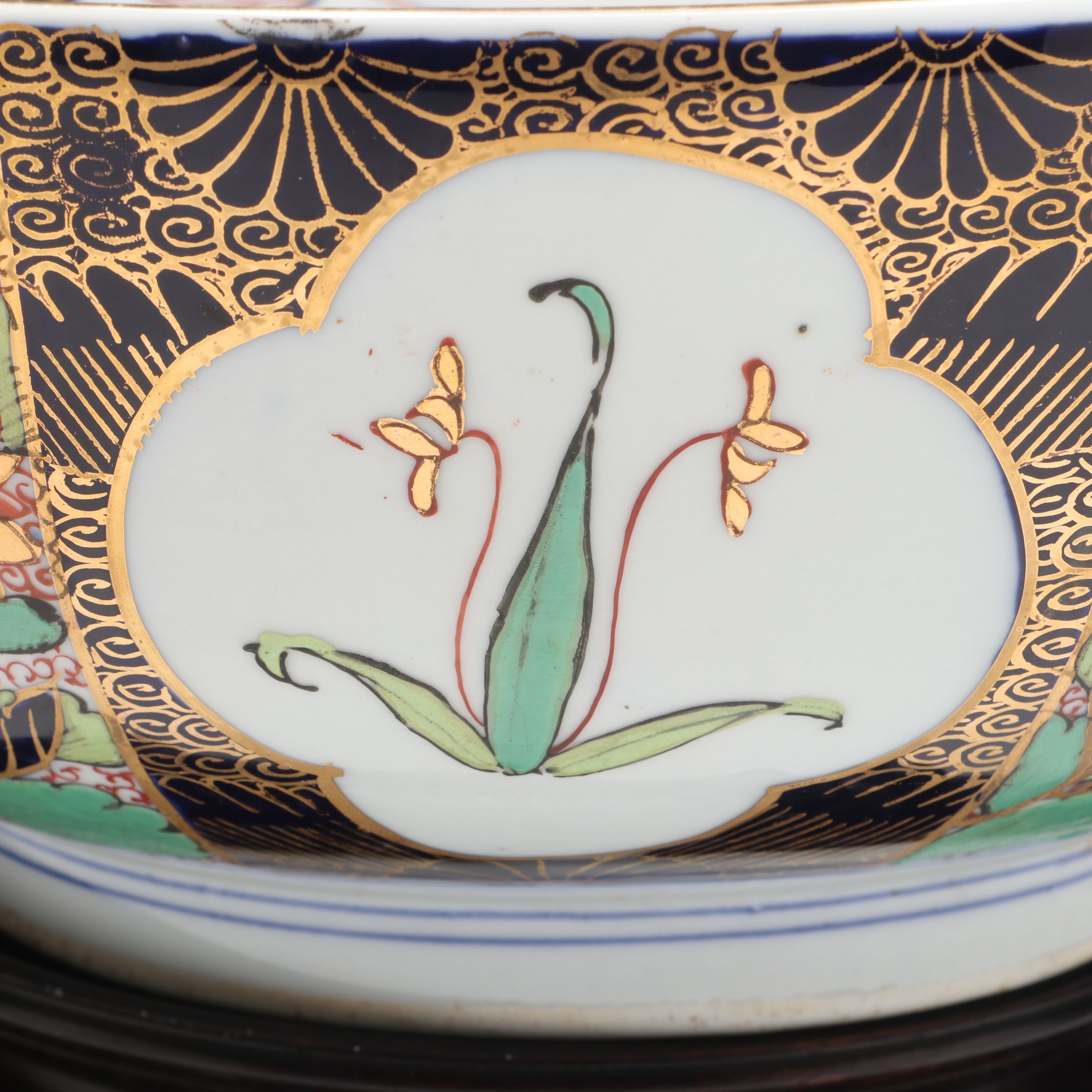 Gilt Decorated Porcelain Decorative Bowl with Carved Wood Stand