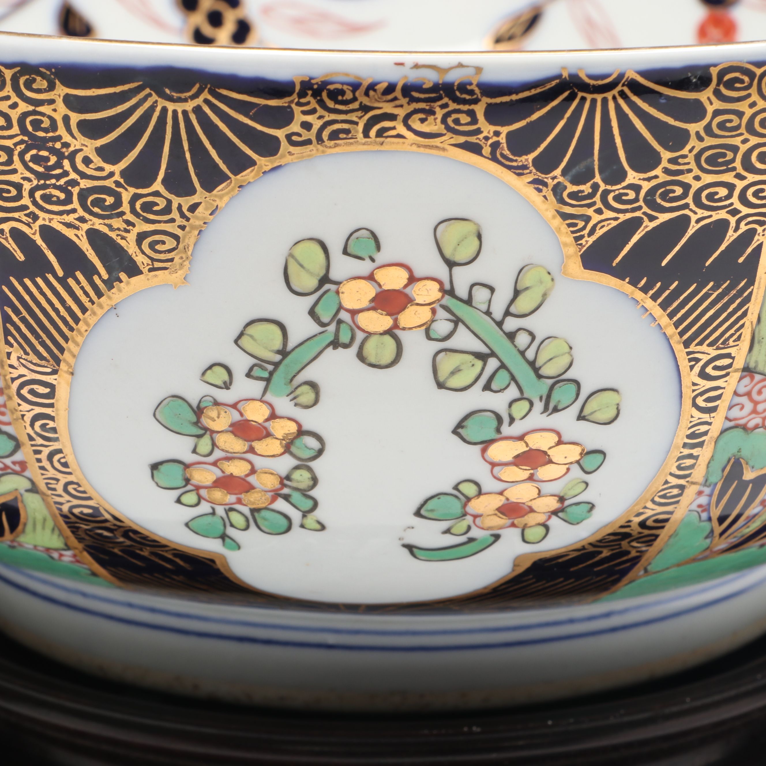 Gilt Decorated Porcelain Decorative Bowl with Carved Wood Stand