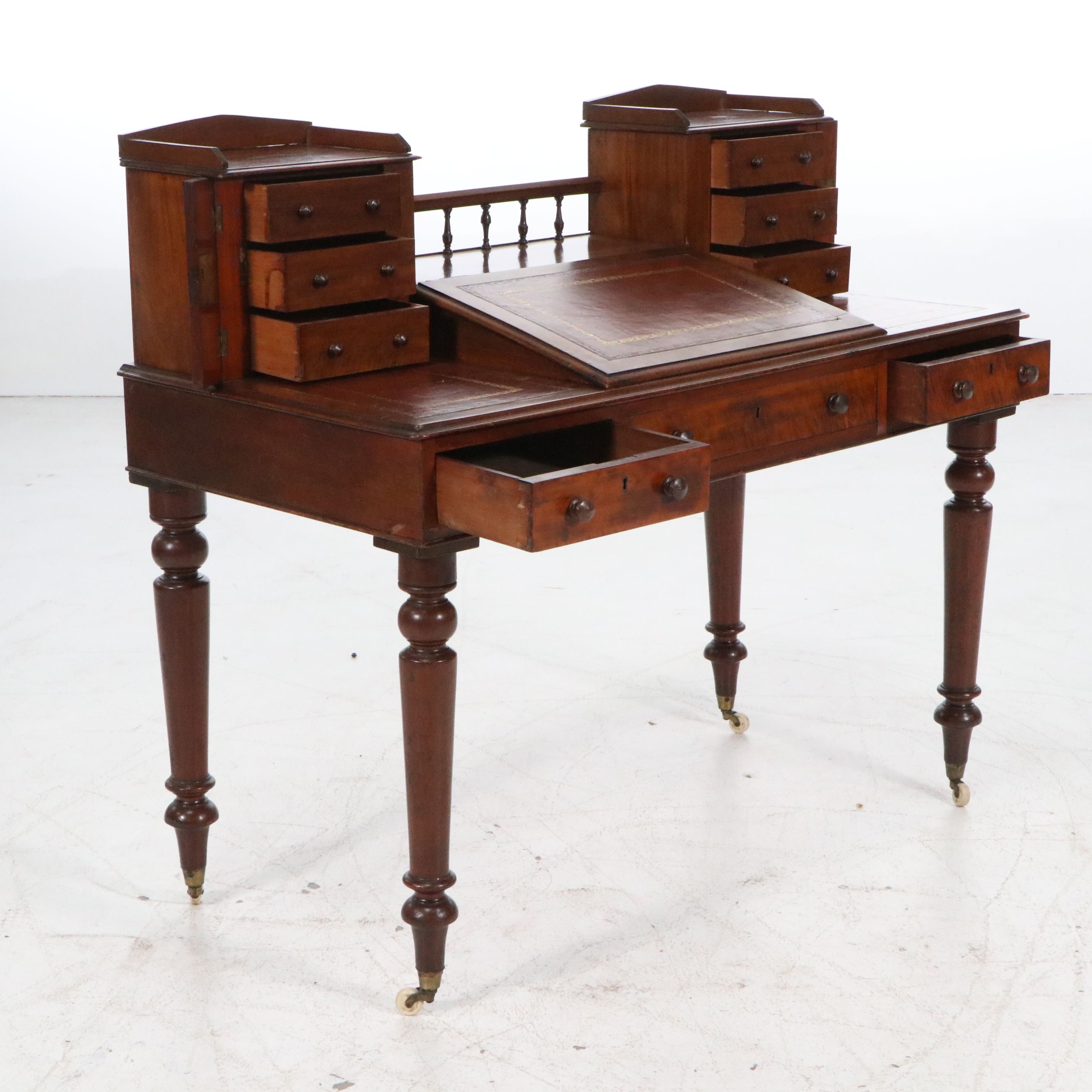 English Victorian Mahogany Dickens Desk with Angled Leather Writing Surface