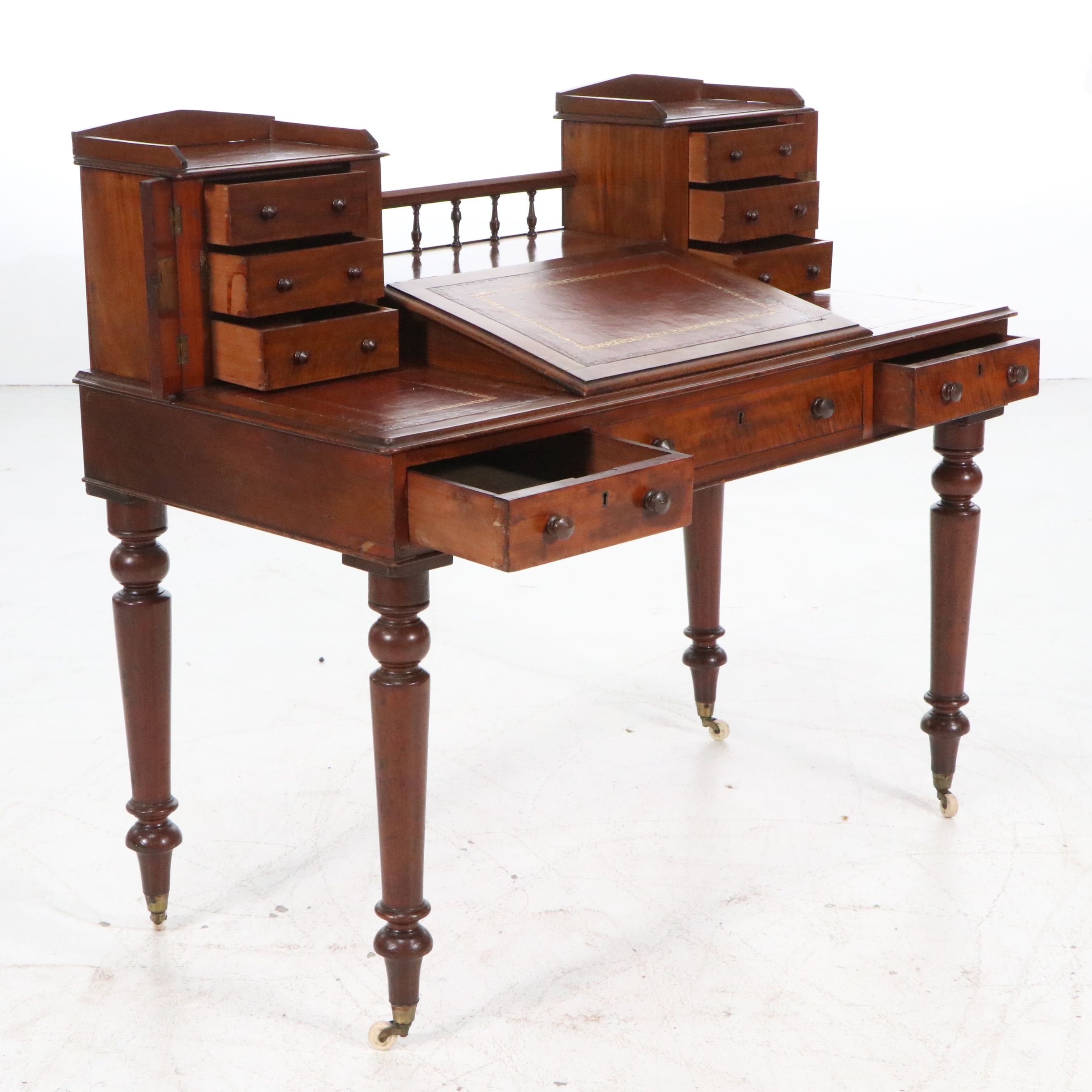 English Victorian Mahogany Dickens Desk with Angled Leather Writing Surface
