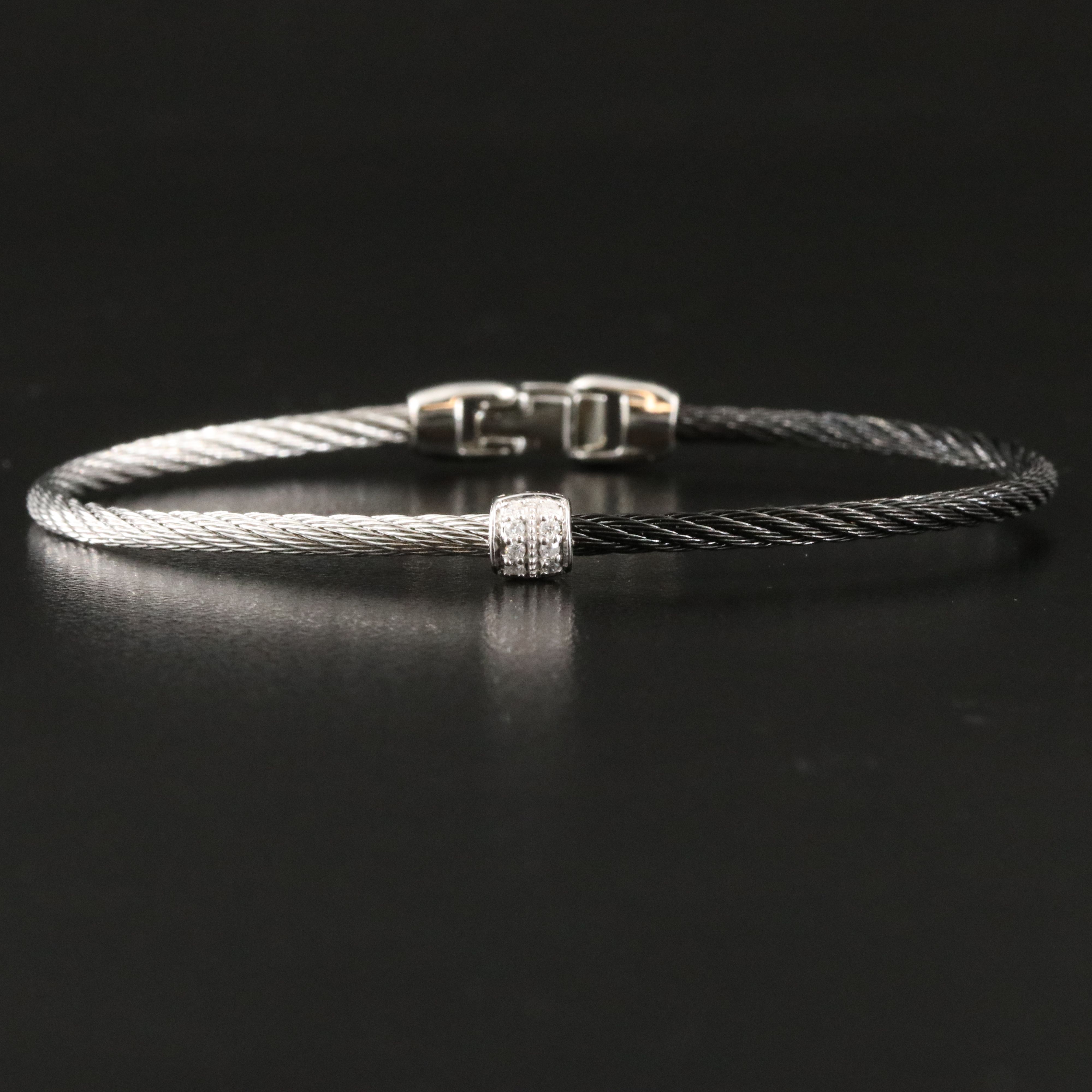 Alor  Single Barrel Steel Station Bracelet with 18K Diamond Accent