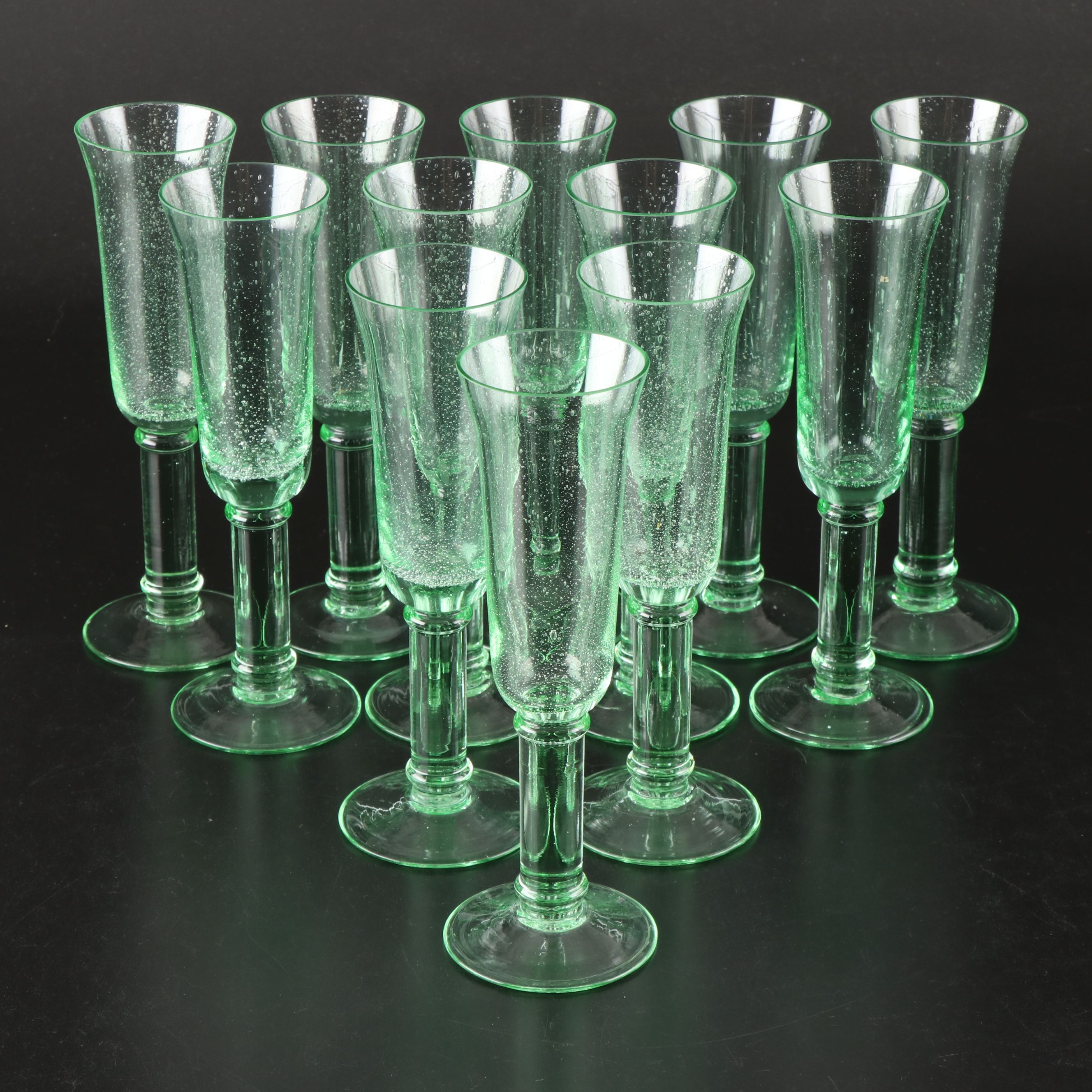Seeded Green Glass Champagne Flutes
