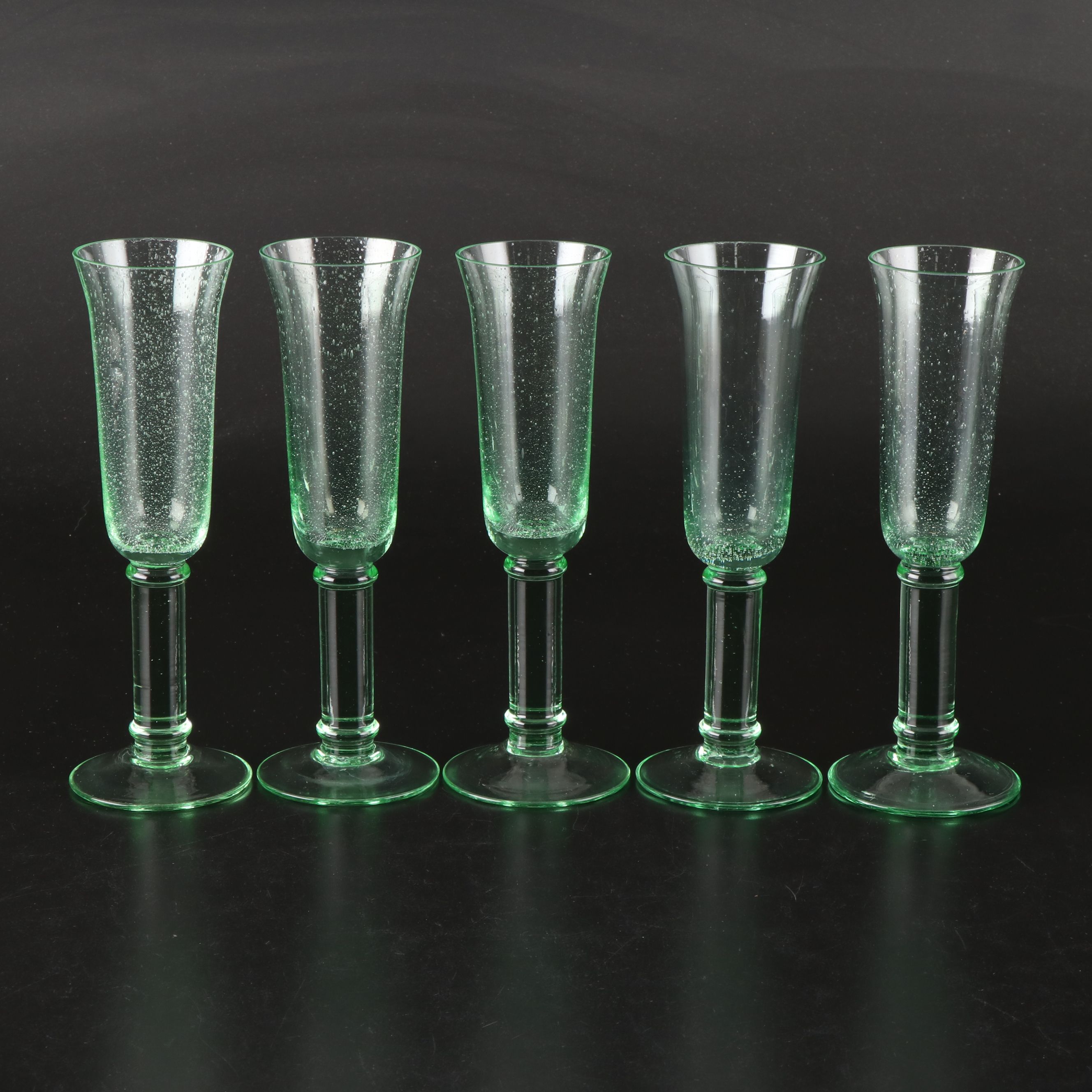 Seeded Green Glass Champagne Flutes