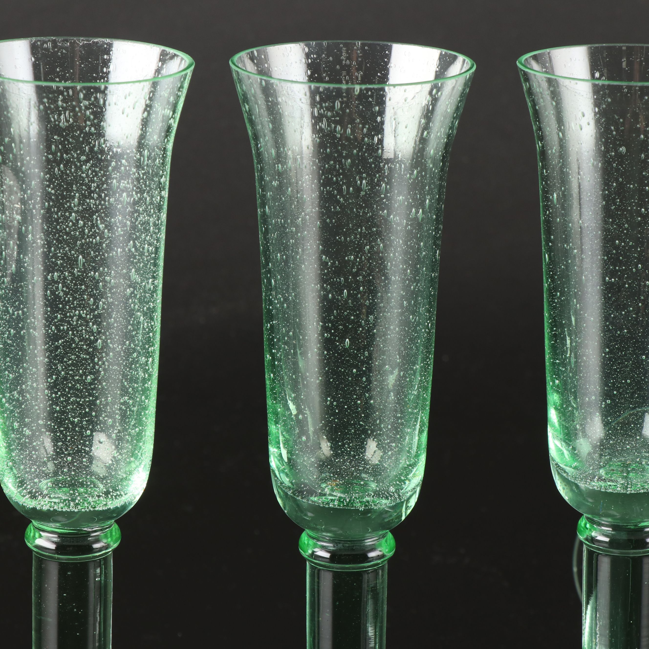 Seeded Green Glass Champagne Flutes