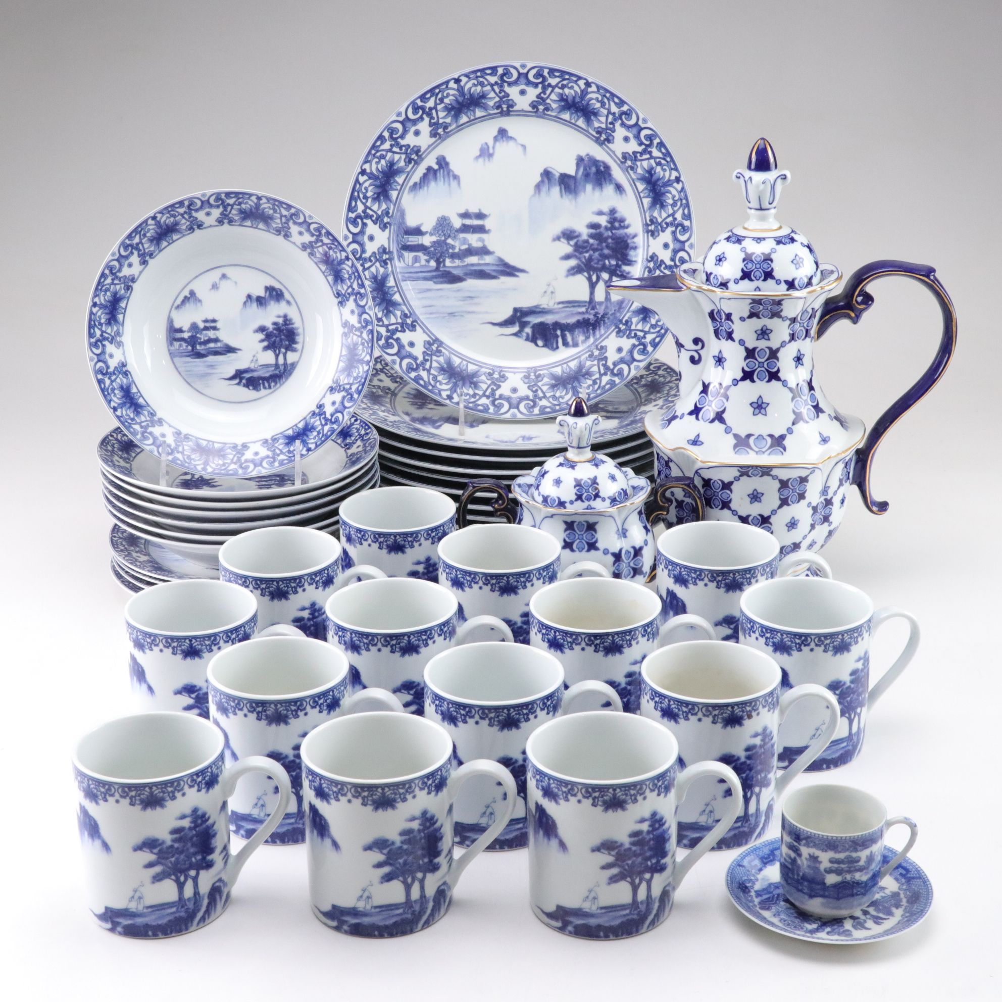 Chinese "Canton Blue" Dinnerware Collection with Serving Pieces