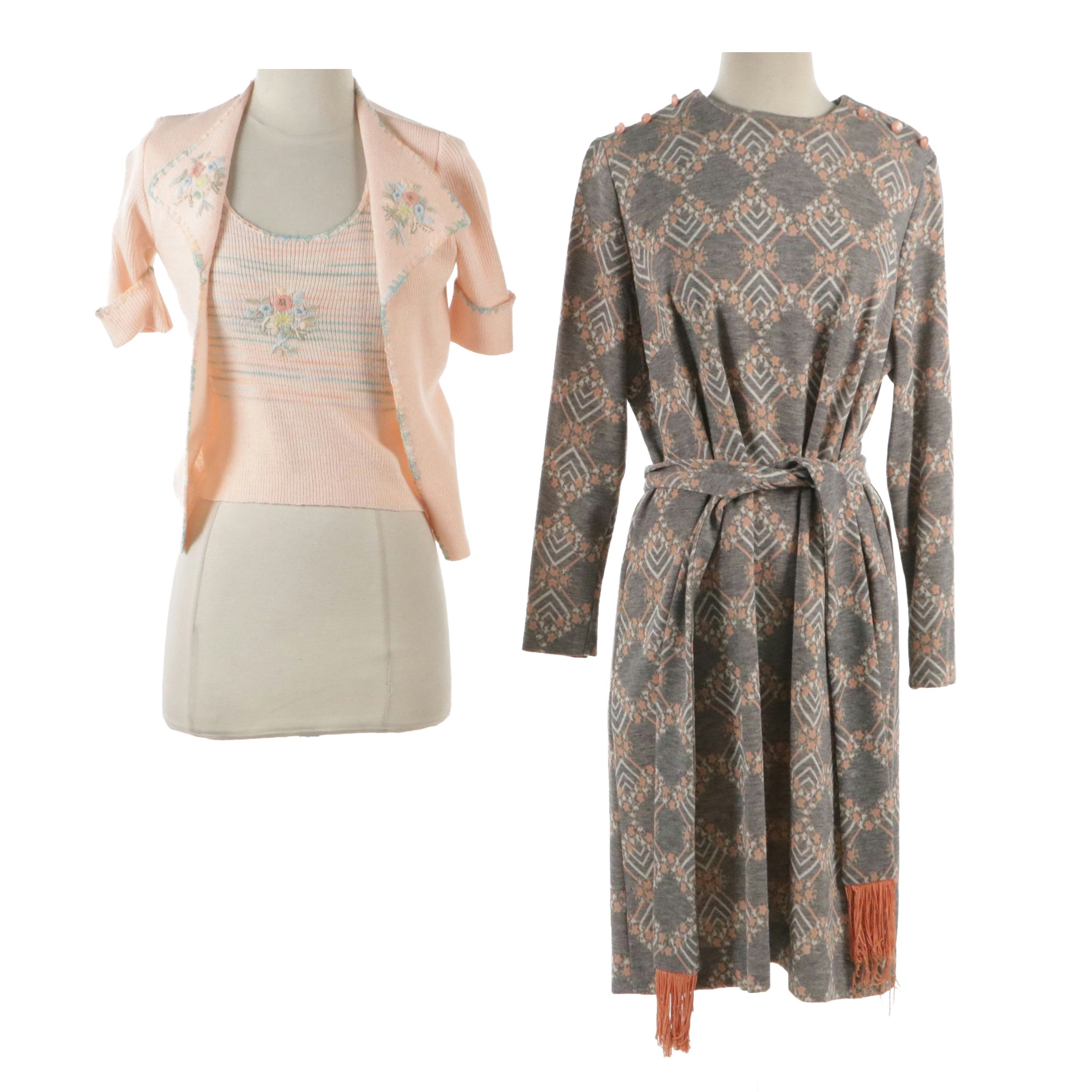 Lady Laura Printed Shift Dress and Tiffany Manor Pink Knit Top