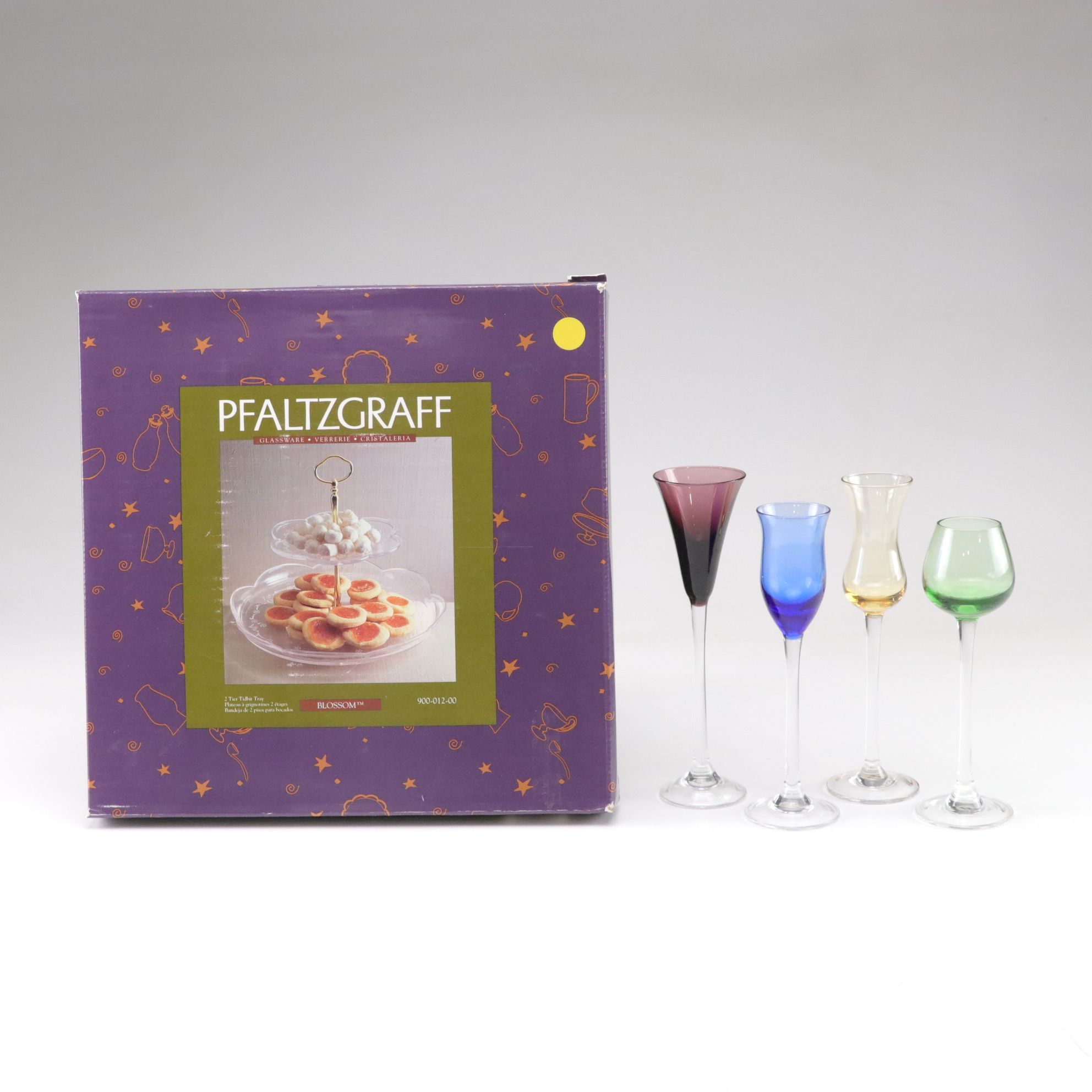 Lenox "Color Gems" Cordial Stemware with Pfaltzgraff "Blossom" 2-Tier Tray