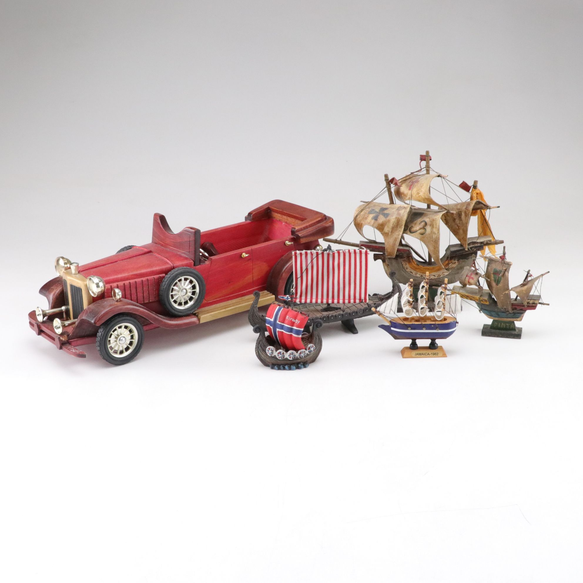 May Flower, Pinta and Other Ship Figurines with Wooden Convertible Model