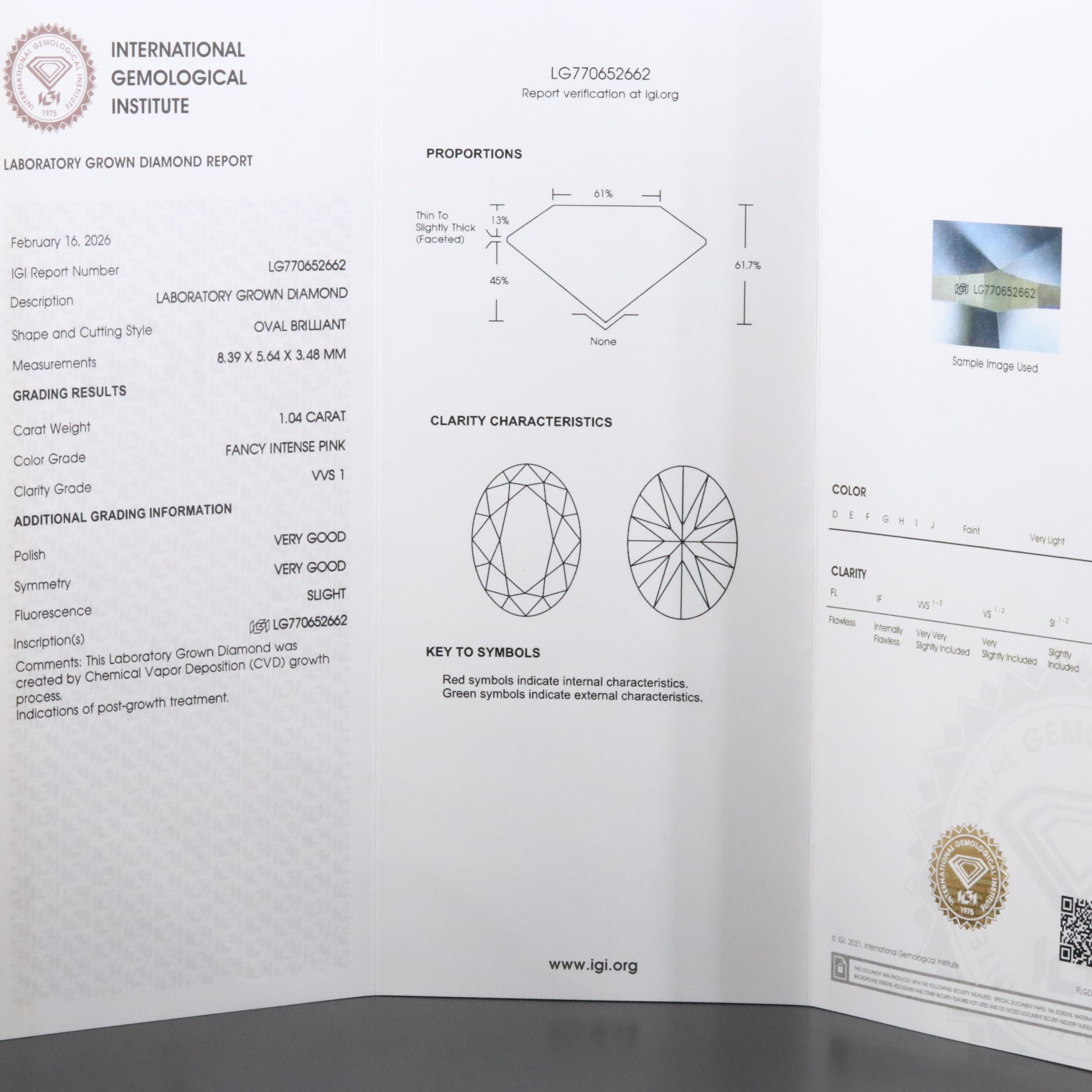 Loose 1.04 CT Lab Grown Fancy Intense Pink Diamond with IGI Report