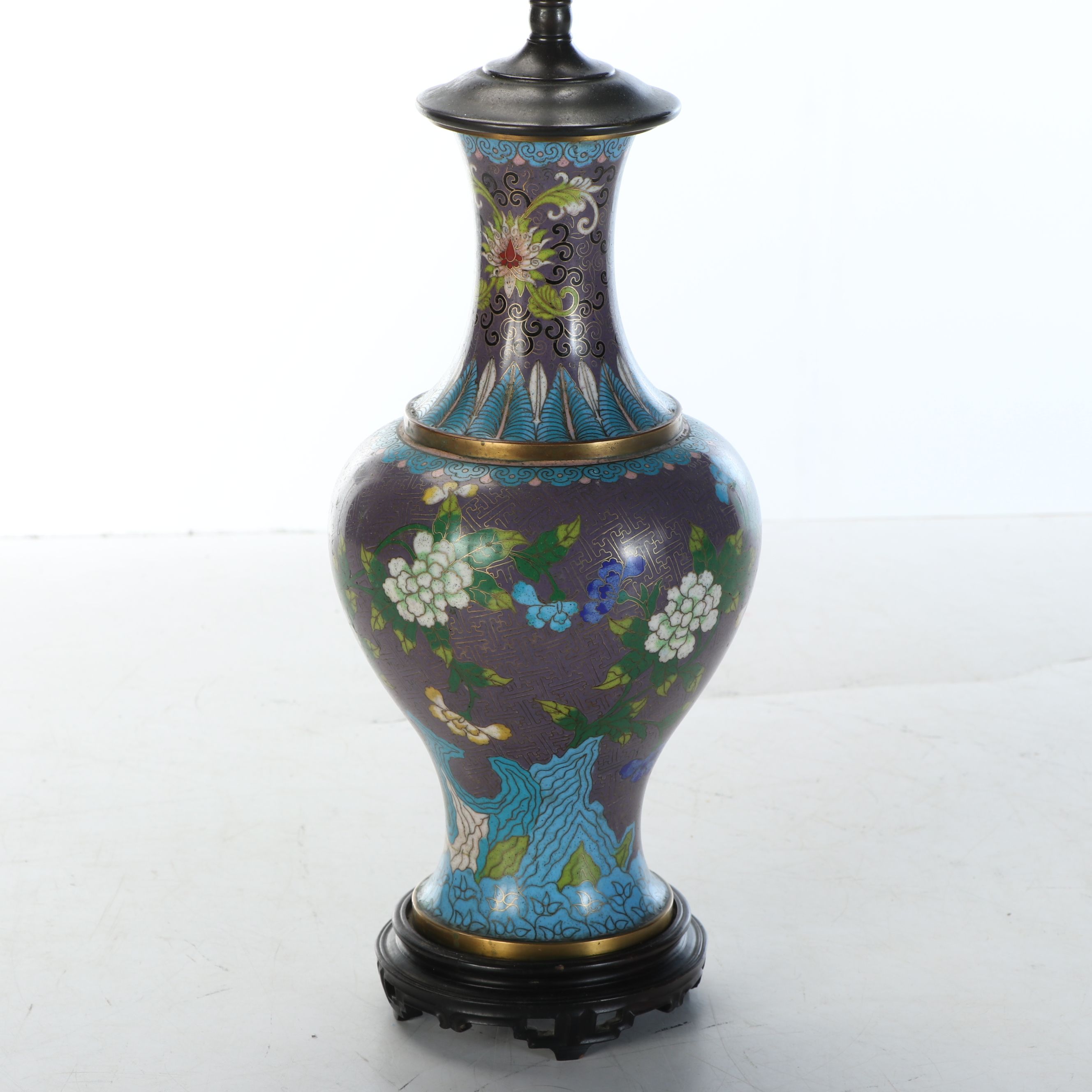 Chinese Purple and Blue Floral Cloisonné on Brass Table Lamp
