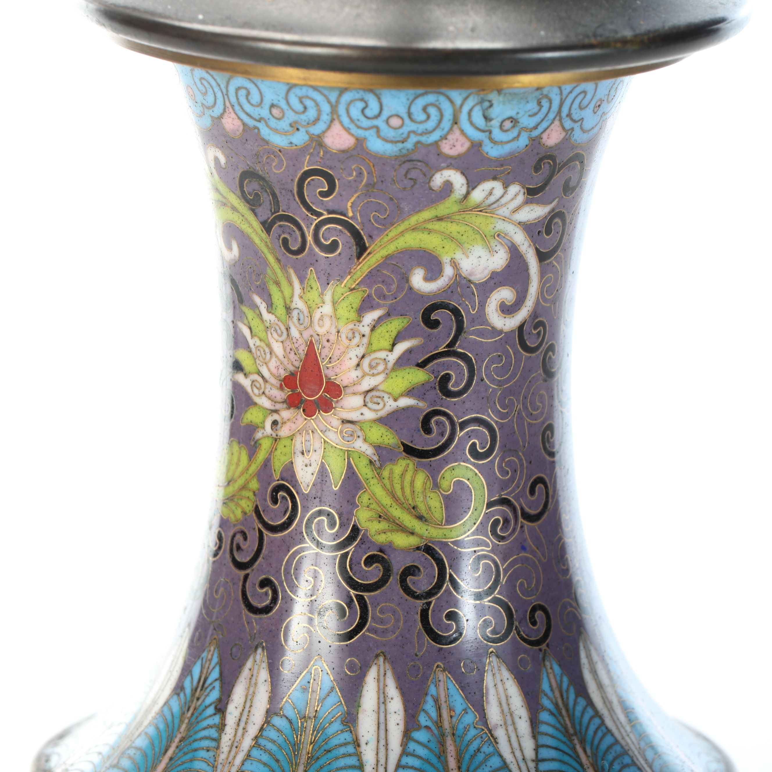 Chinese Purple and Blue Floral Cloisonné on Brass Table Lamp