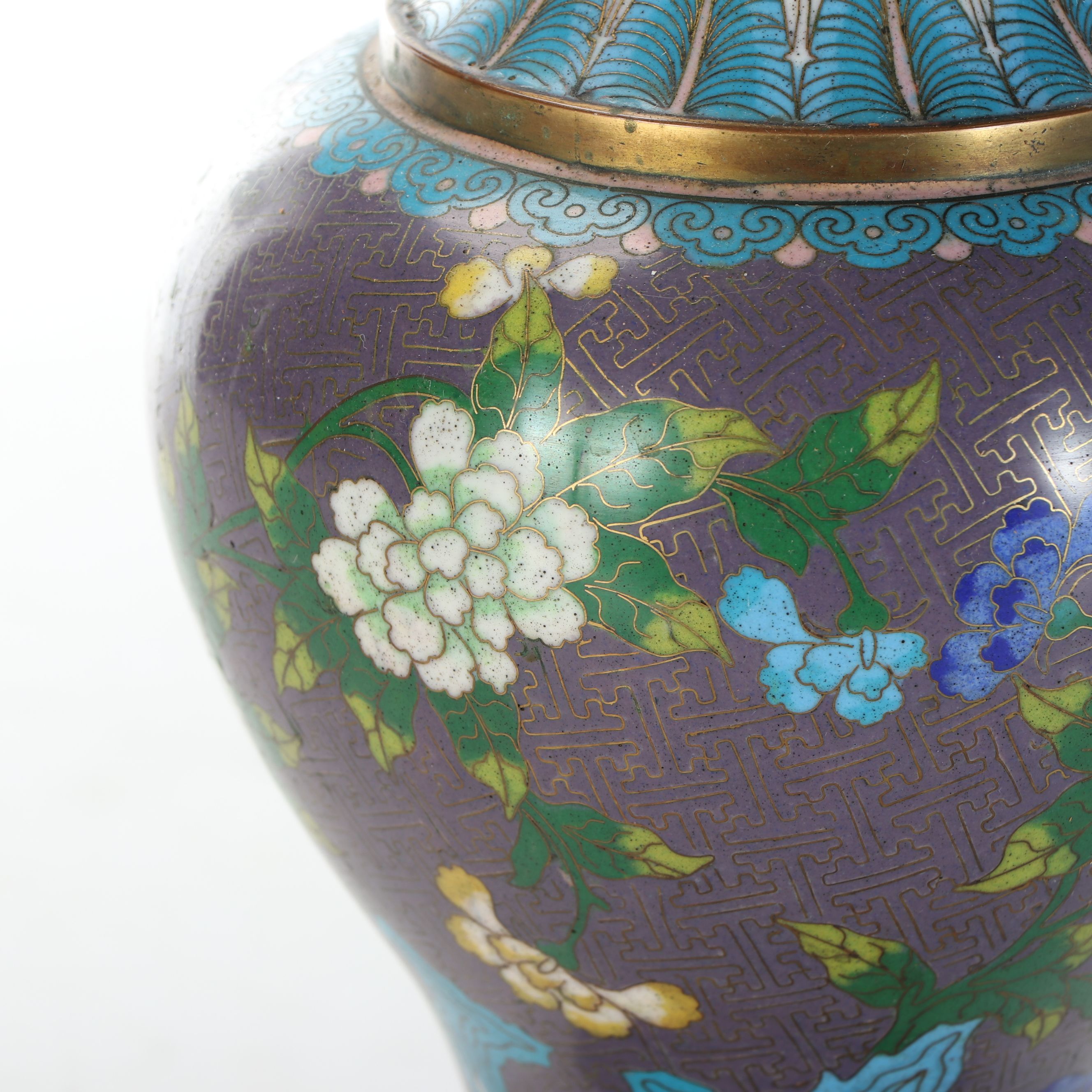 Chinese Purple and Blue Floral Cloisonné on Brass Table Lamp