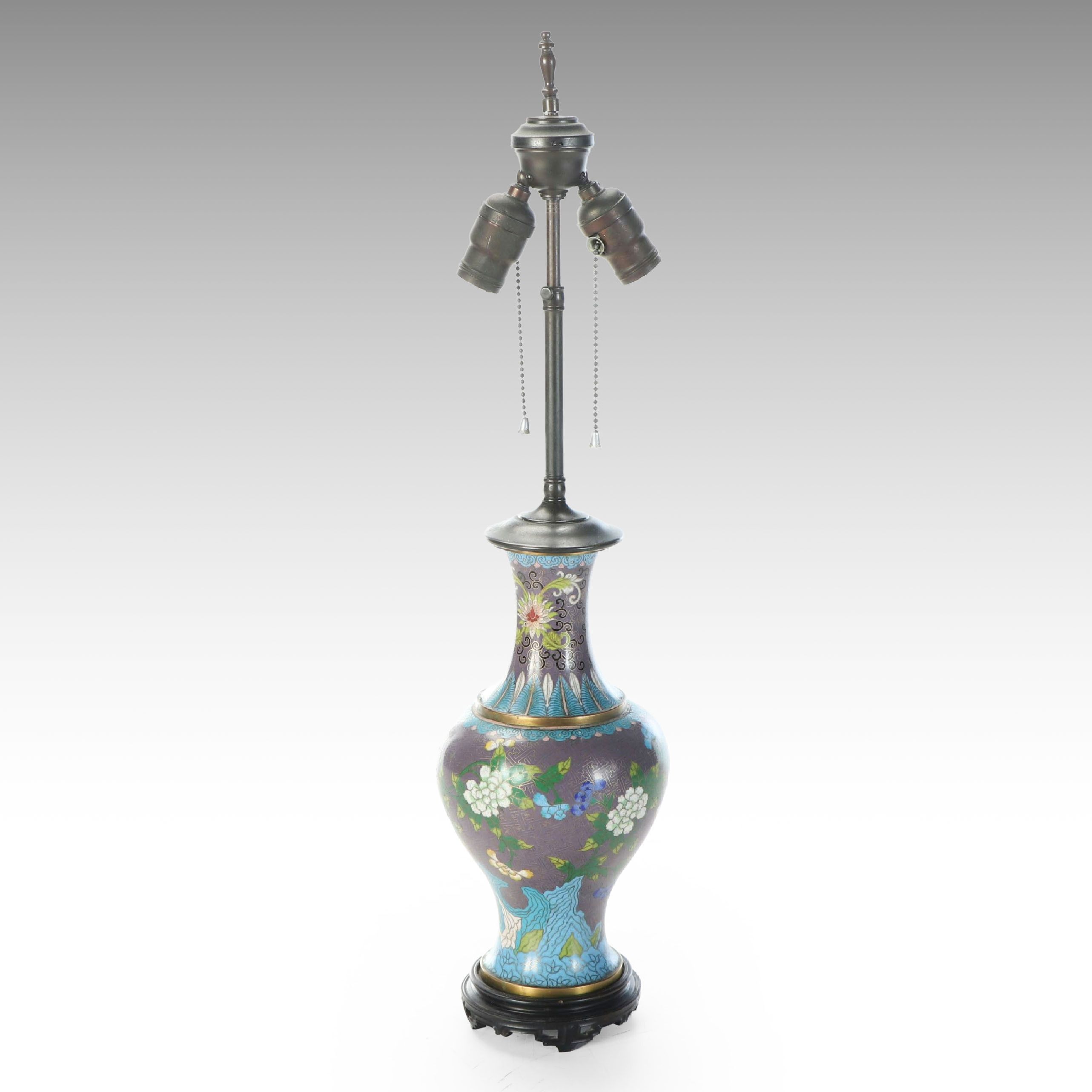 Chinese Purple and Blue Floral Cloisonné on Brass Table Lamp