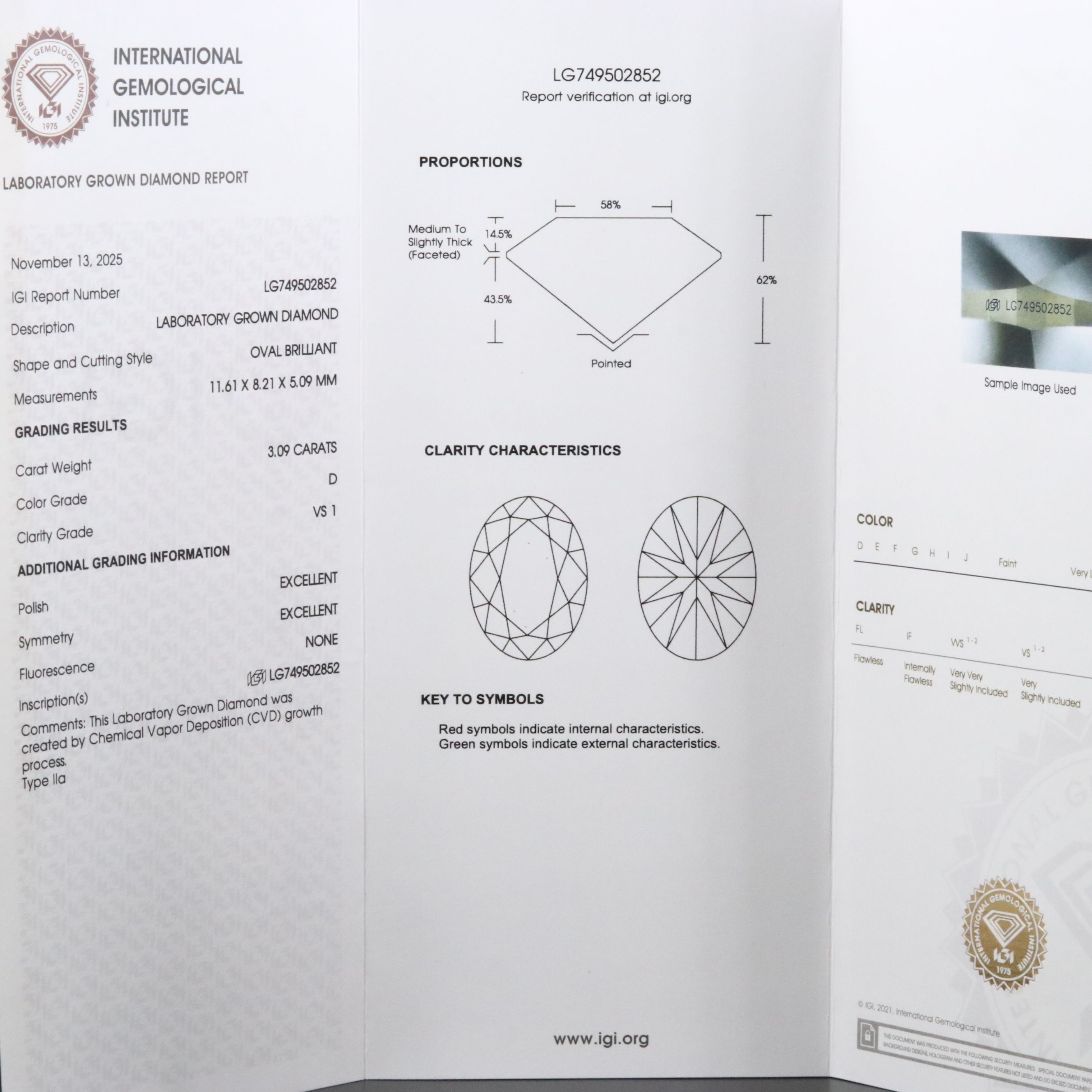 18K 3.09 CT Lab Grown Diamond Solitaire Ring with IGI Report
