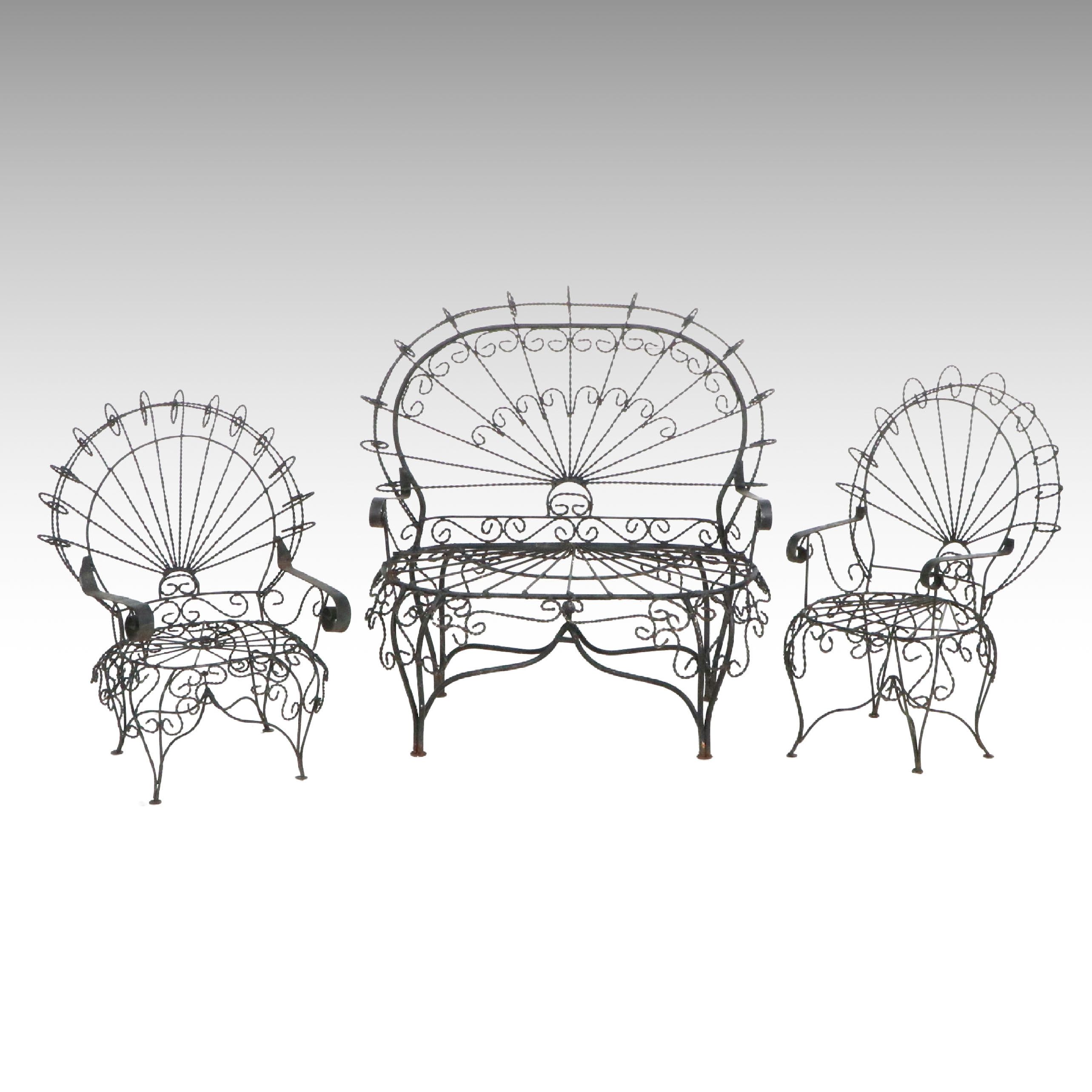 Three-Piece Victorian Style Wrought Iron Peacock Patio Set, 20th Century
