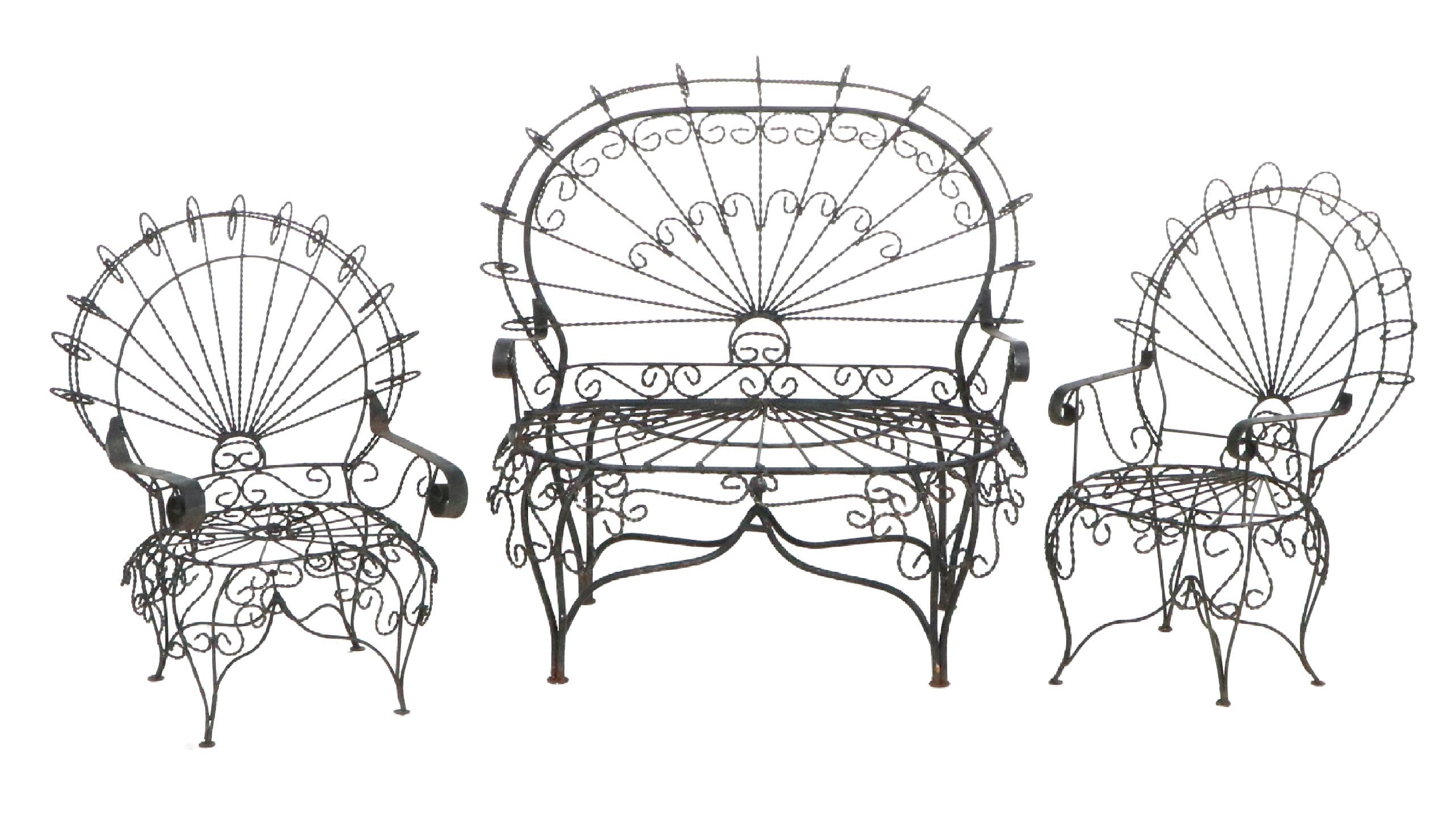 Three-Piece Victorian Style Wrought Iron Peacock Patio Set, 20th Century