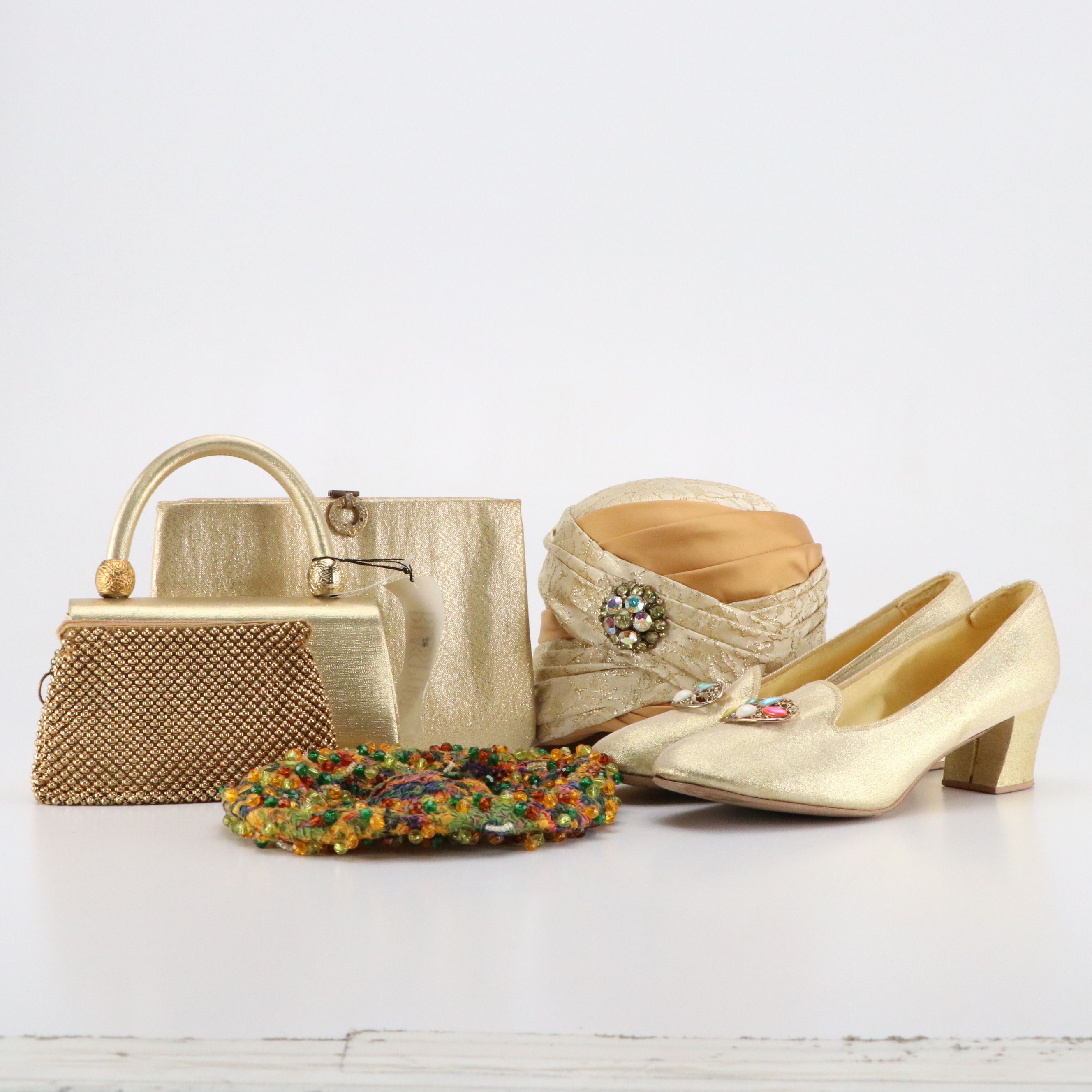 Curated 1960s Ensemble Featuring Malcolm Starr Metallic Evening Dress and More