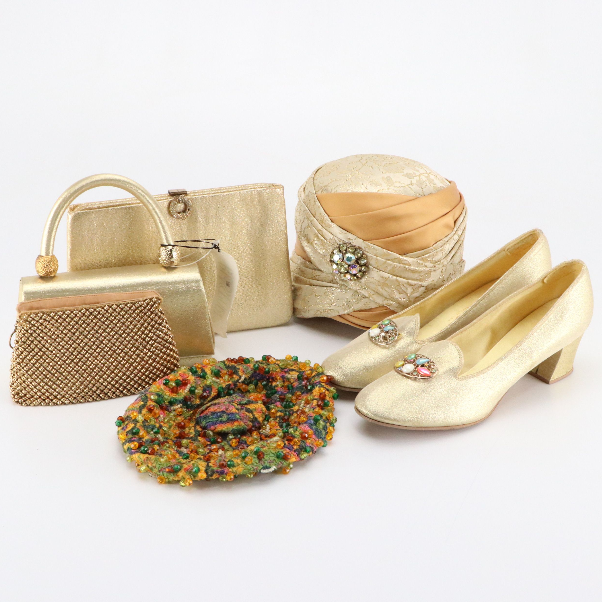 Curated 1960s Ensemble Featuring Malcolm Starr Metallic Evening Dress and More