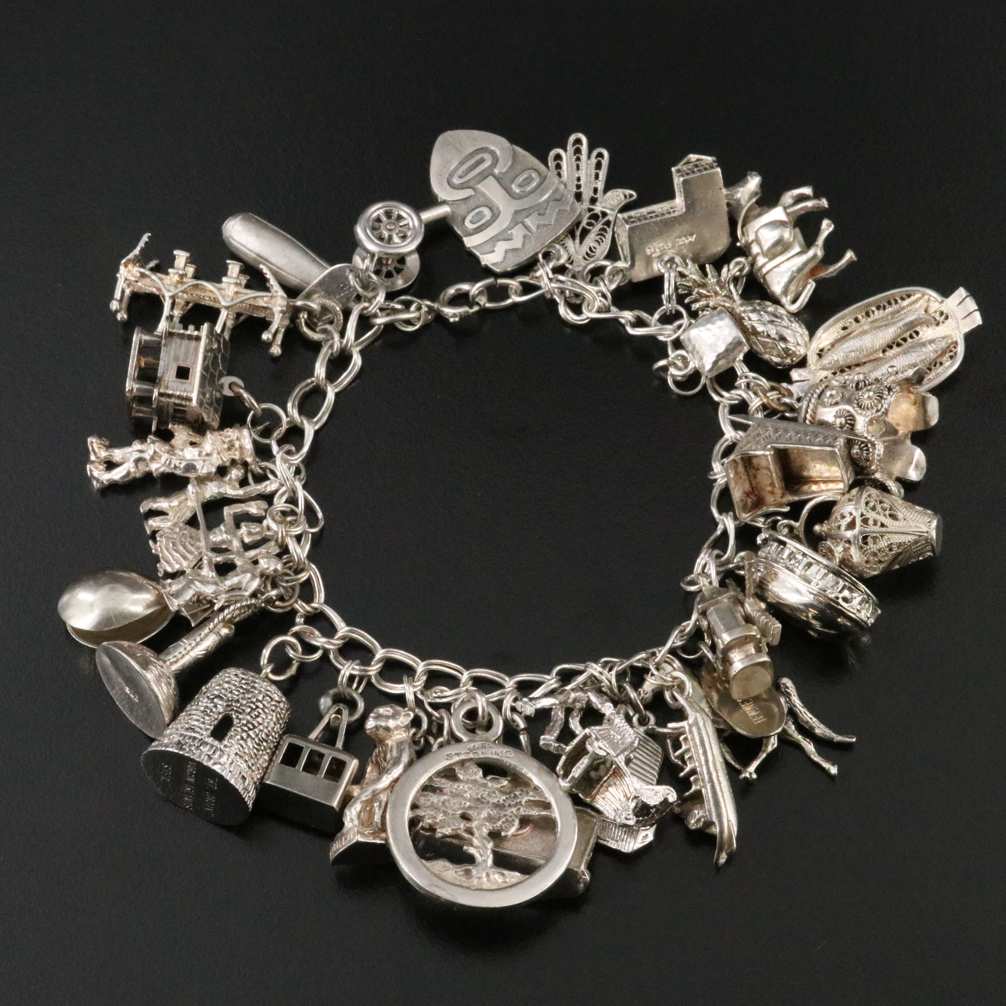 Vintage Sterling Travel Charm Bracelet with 800 and 900 Silver Charms
