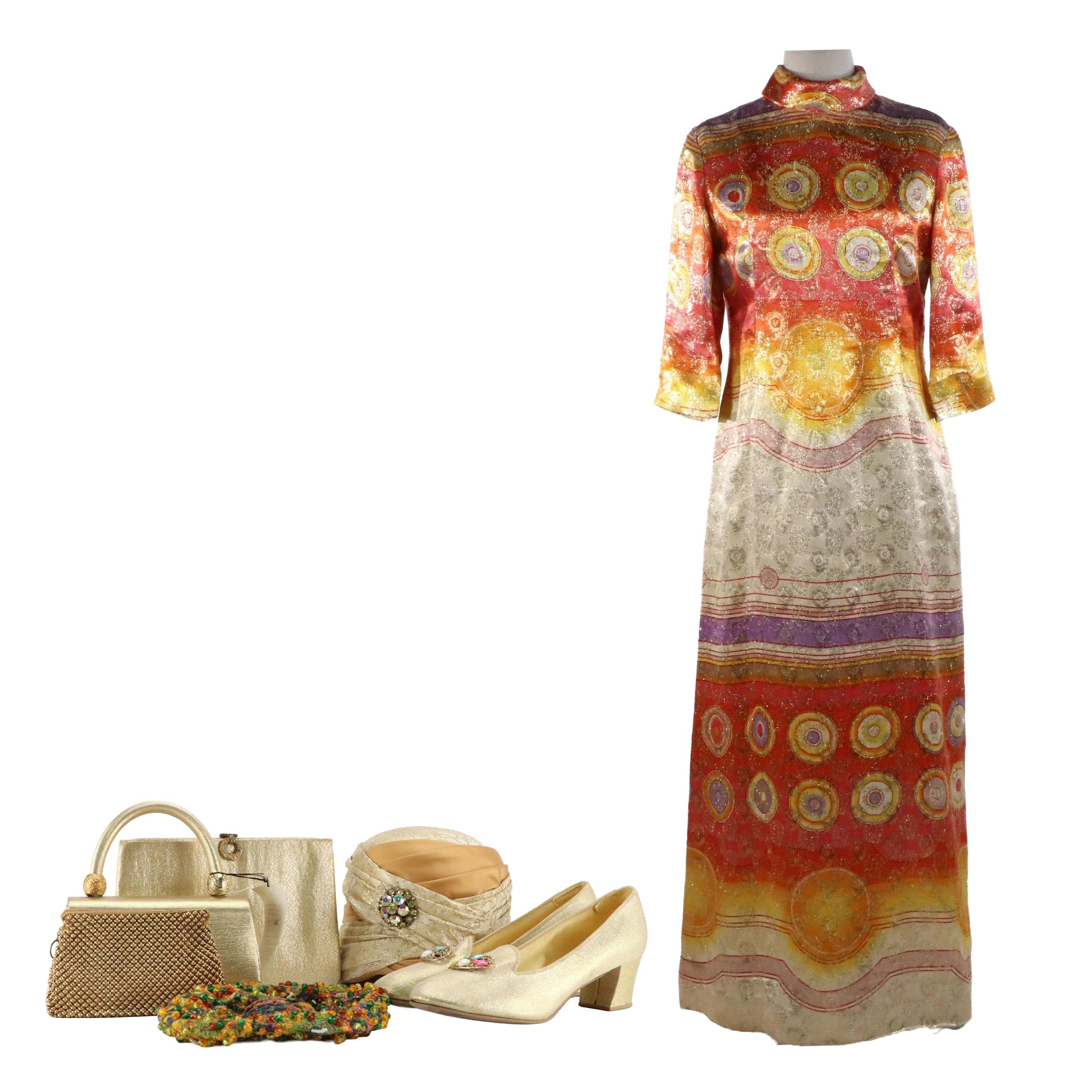 Curated 1960s Ensemble Featuring Malcolm Starr Metallic Evening Dress and More