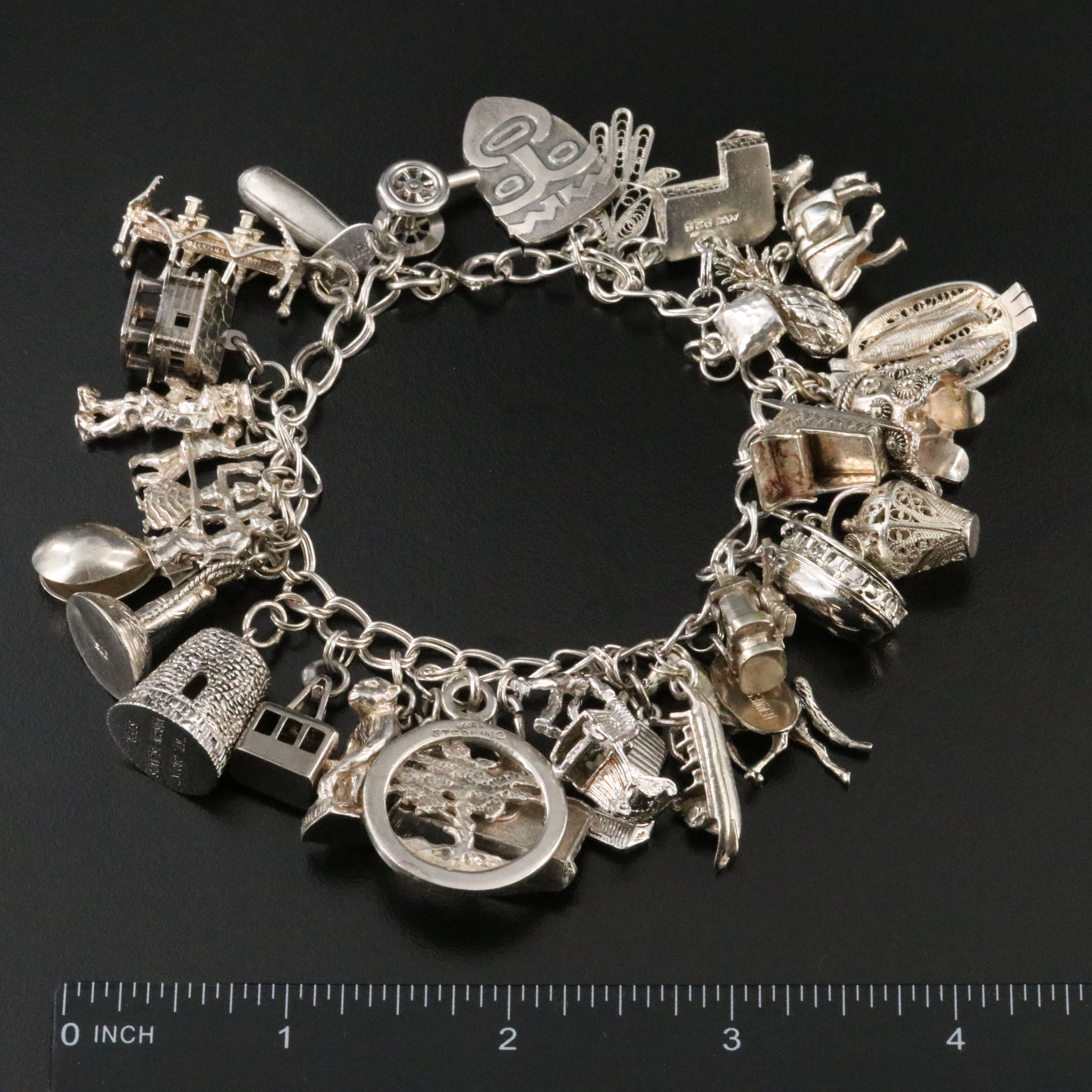 Vintage Sterling Travel Charm Bracelet with 800 and 900 Silver Charms