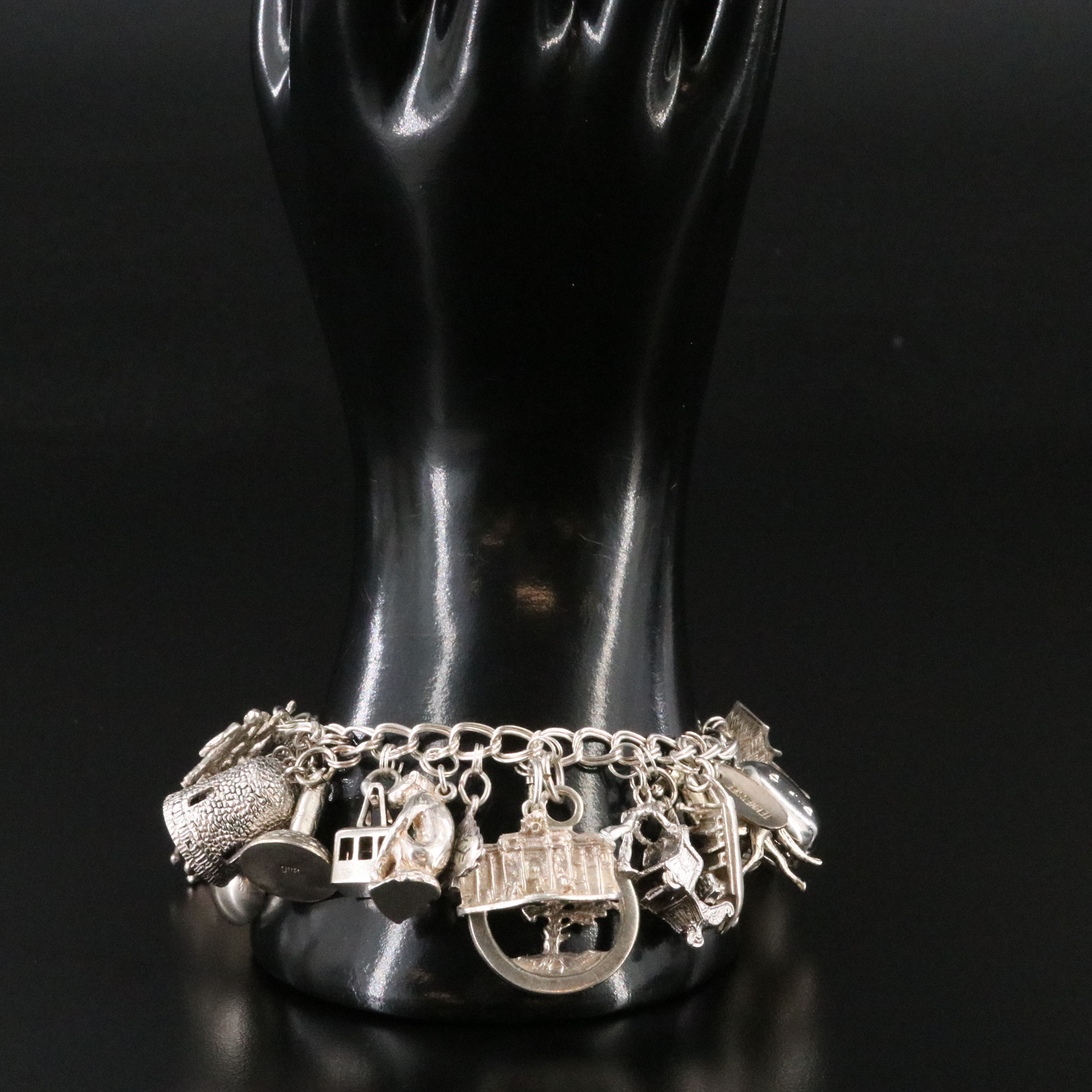 Vintage Sterling Travel Charm Bracelet with 800 and 900 Silver Charms