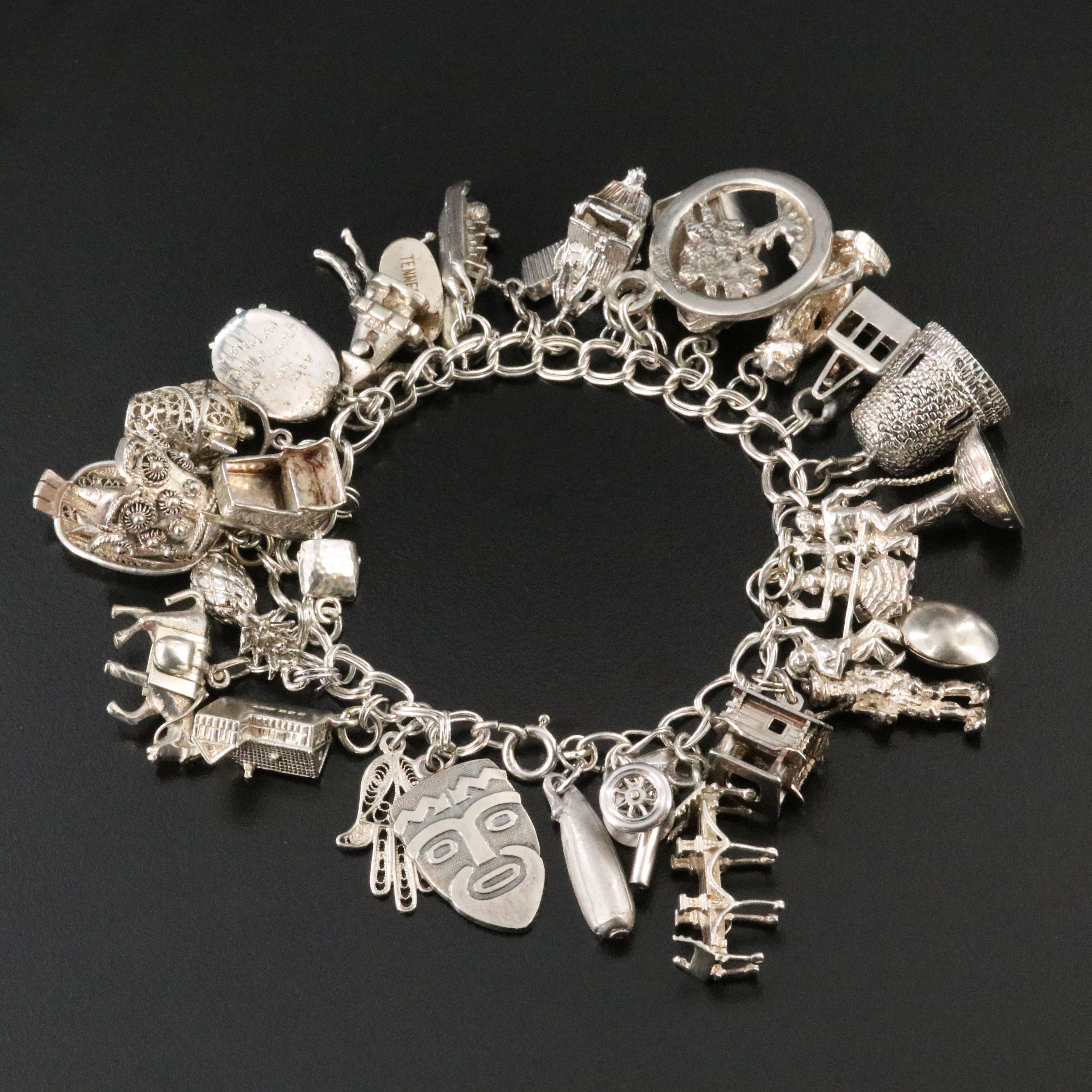 Vintage Sterling Travel Charm Bracelet with 800 and 900 Silver Charms