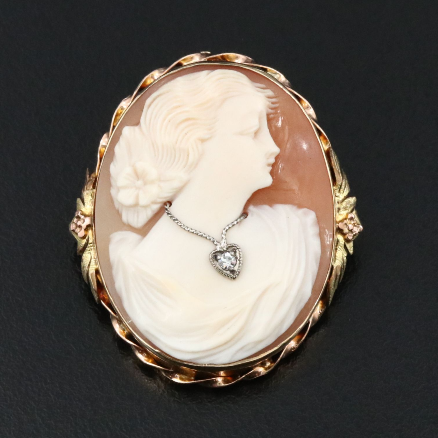 10K Two-Tone and Silver Shell Habillé Cameo Converter Brooch