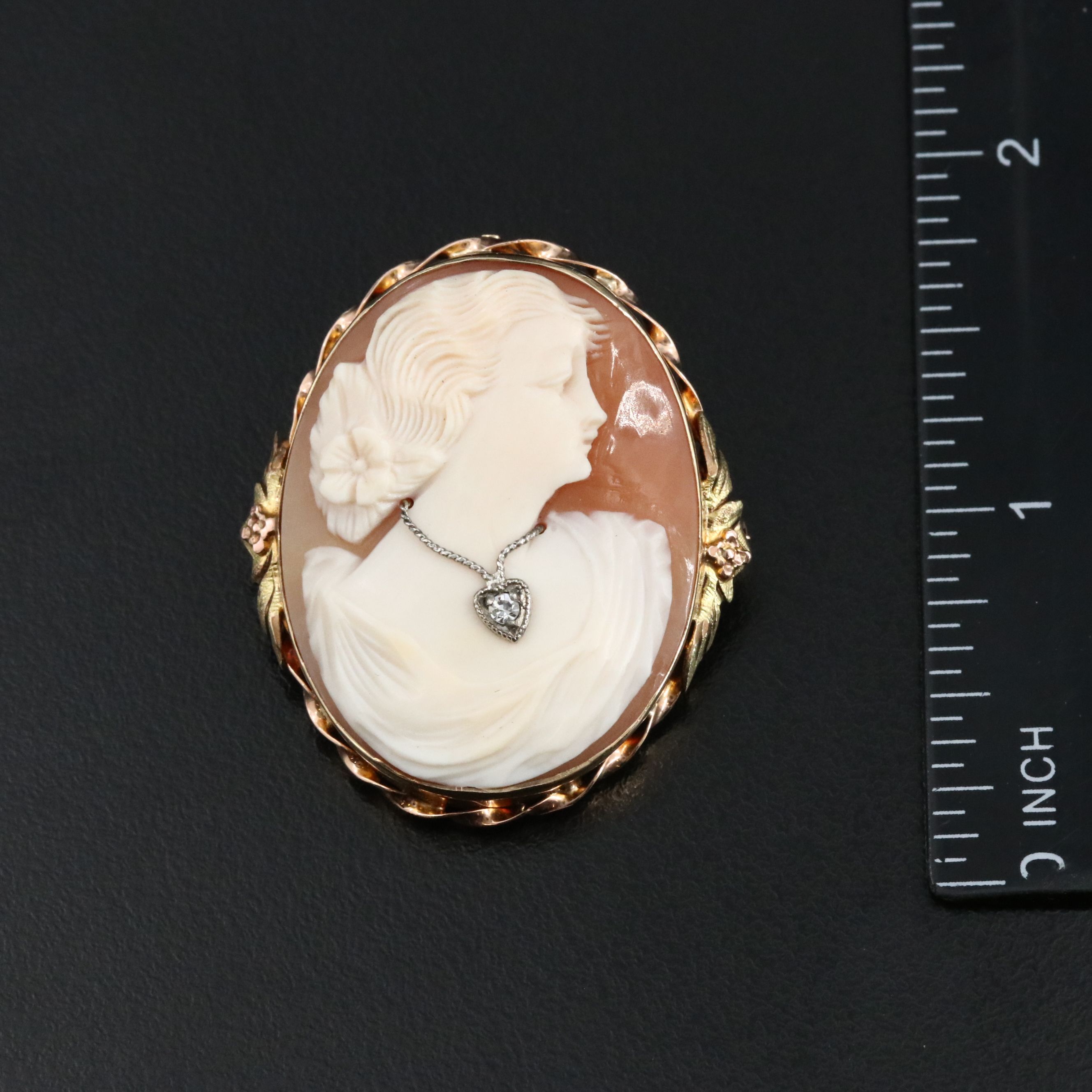 10K Two-Tone and Silver Shell Habillé Cameo Converter Brooch