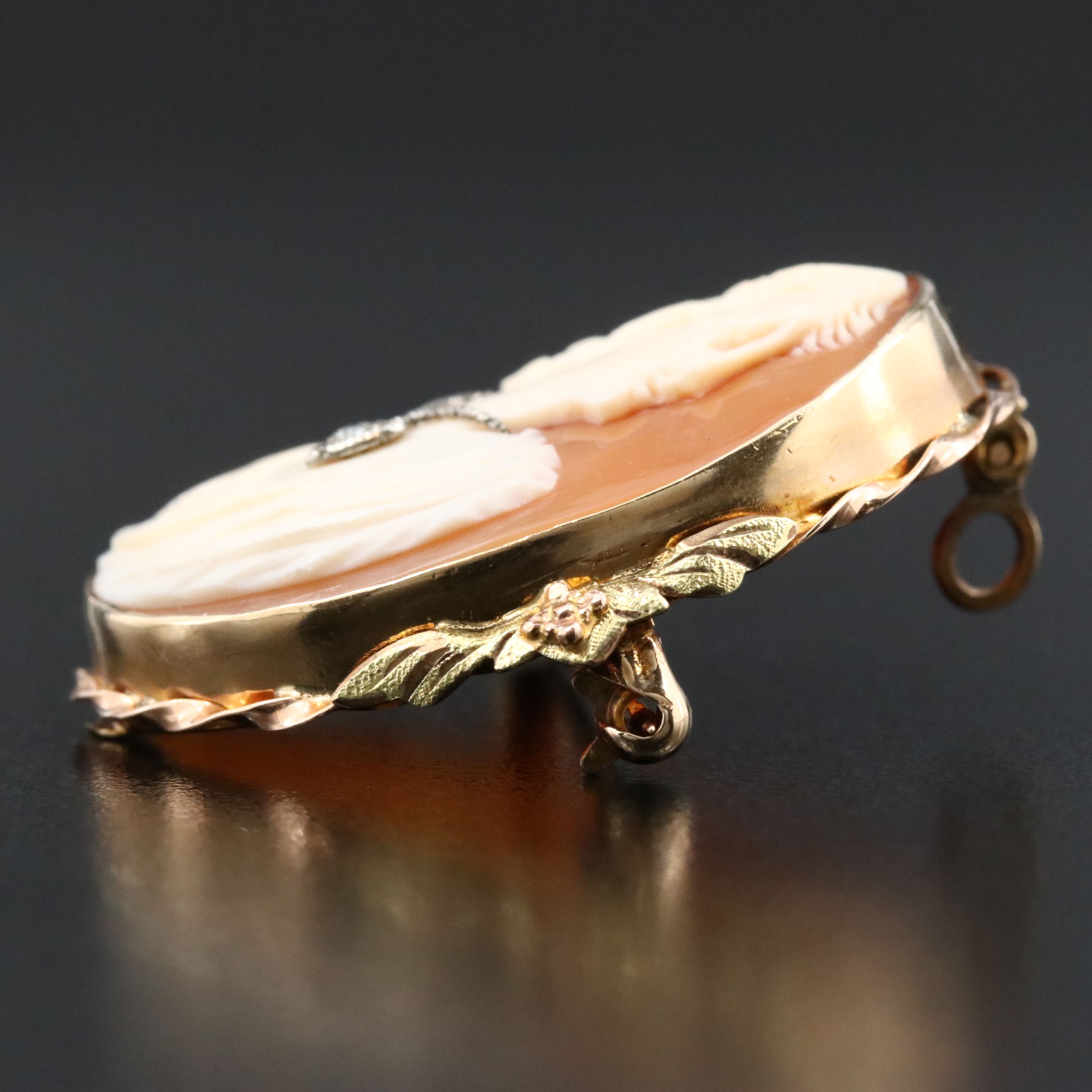 10K Two-Tone and Silver Shell Habillé Cameo Converter Brooch