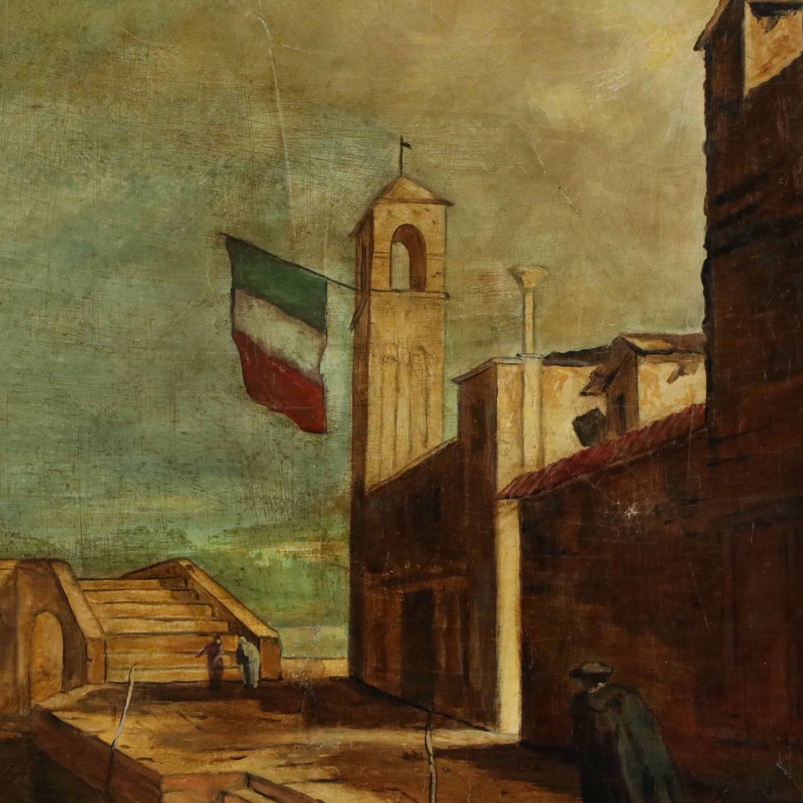 Muró Oil Painting of Man Walking Towards Bridge Over Venice Canal