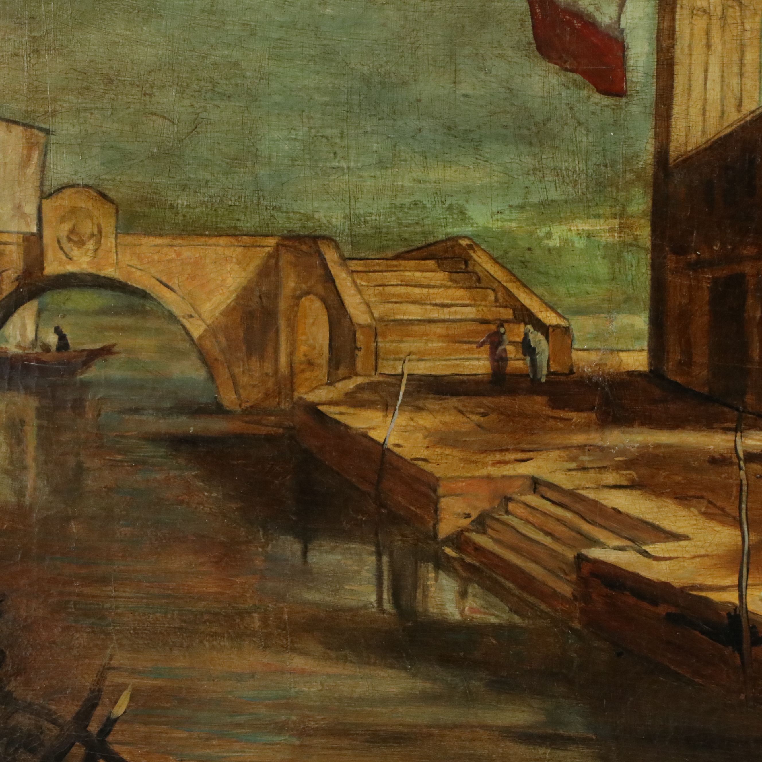 Muró Oil Painting of Man Walking Towards Bridge Over Venice Canal