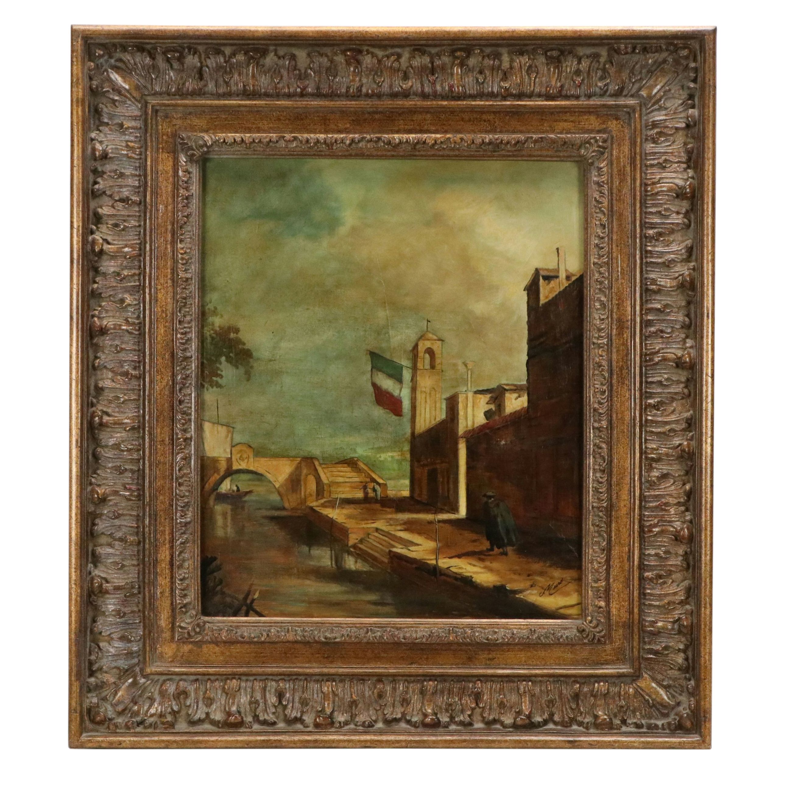 Muró Oil Painting of Man Walking Towards Bridge Over Venice Canal