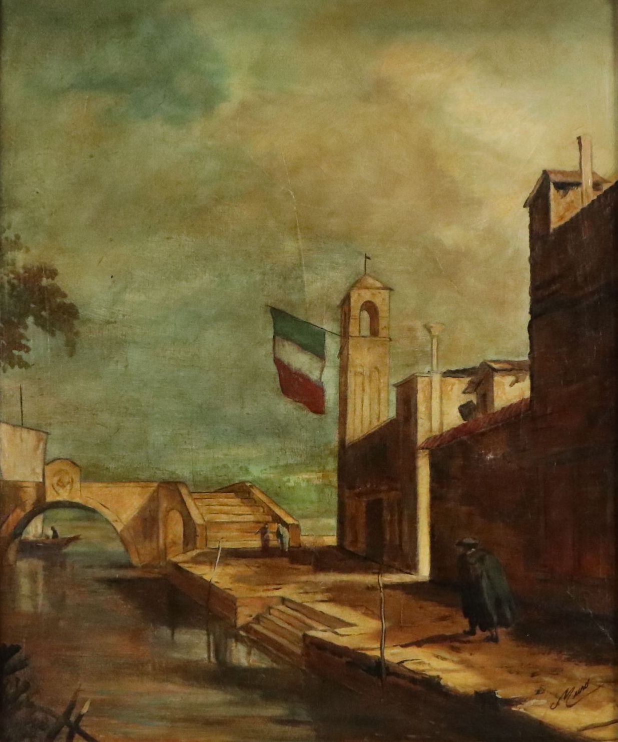 Muró Oil Painting of Man Walking Towards Bridge Over Venice Canal