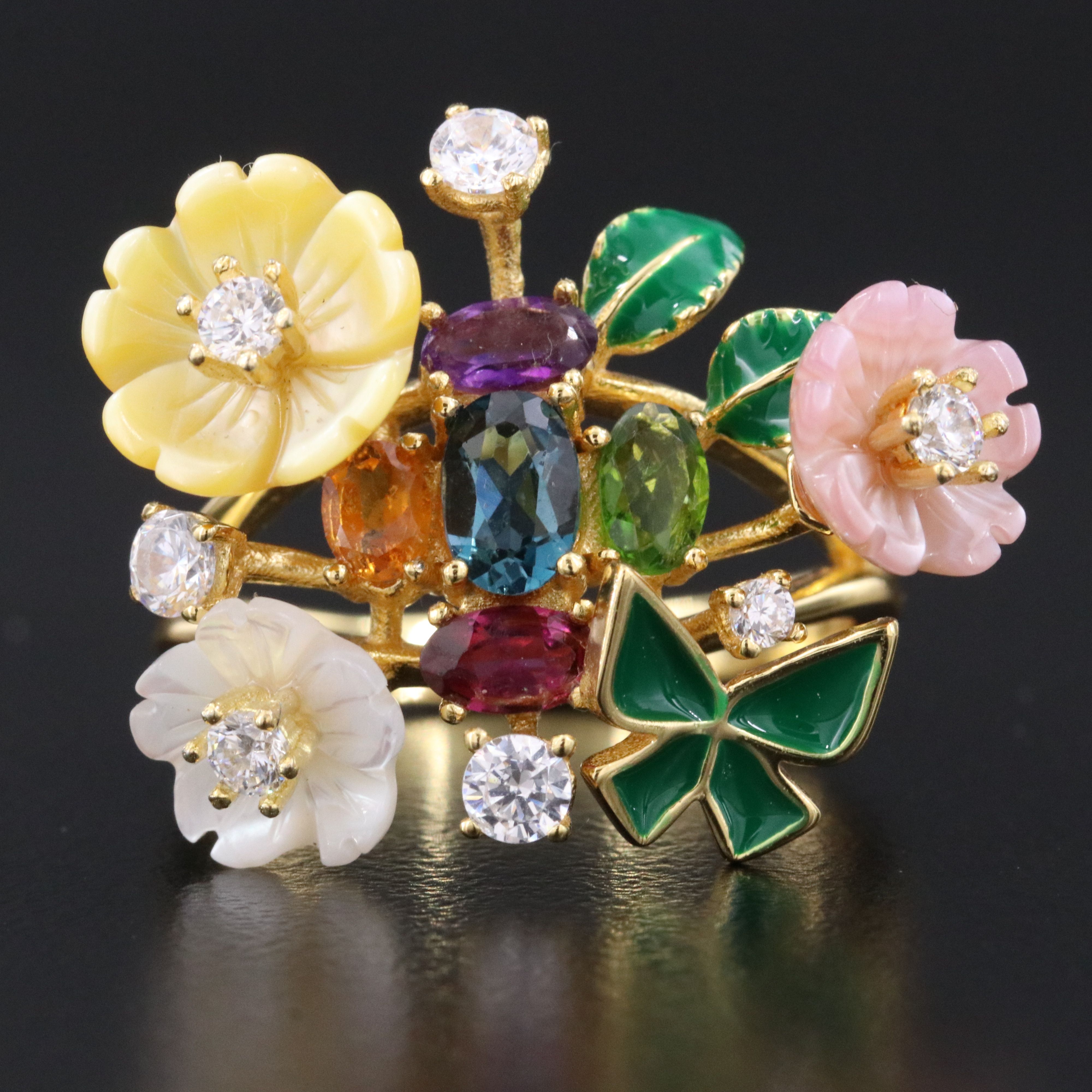 Sterling Floral Ring Featuring Amethyst, Diopside and CZ