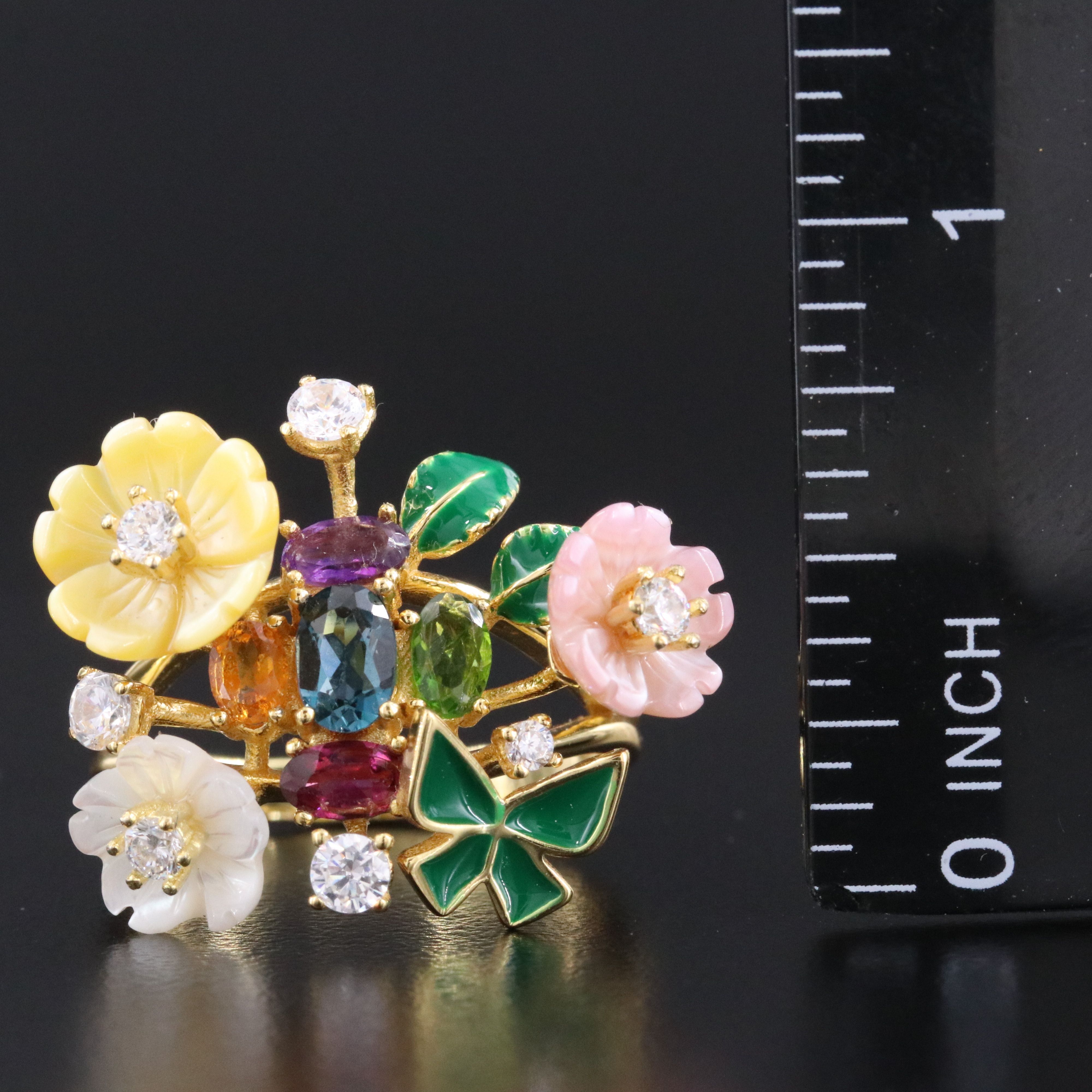 Sterling Floral Ring Featuring Amethyst, Diopside and CZ